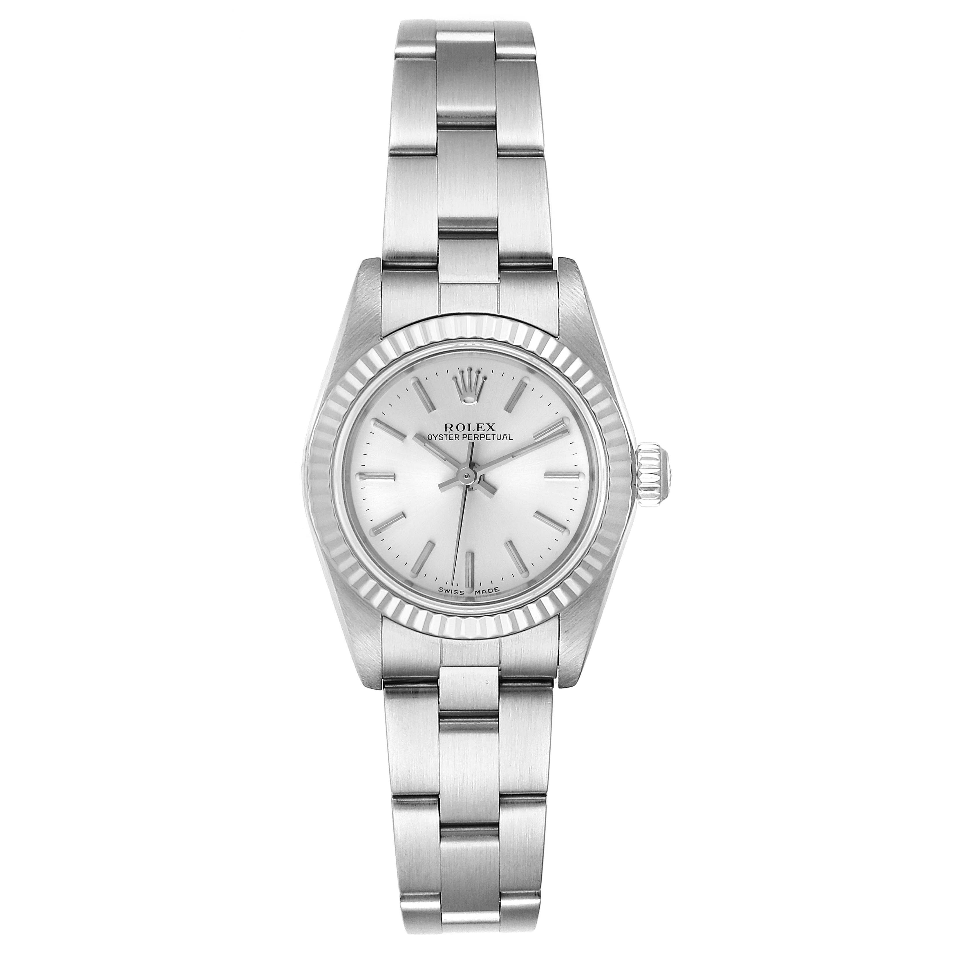 The image shows a front view of a Rolex Oyster Perpetual 76094 Women's Stainless Steel Silver Dial 76094 Women's Stainless Steel Silver Dial watch, highlighting its bracelet, bezel, dial, and hands.