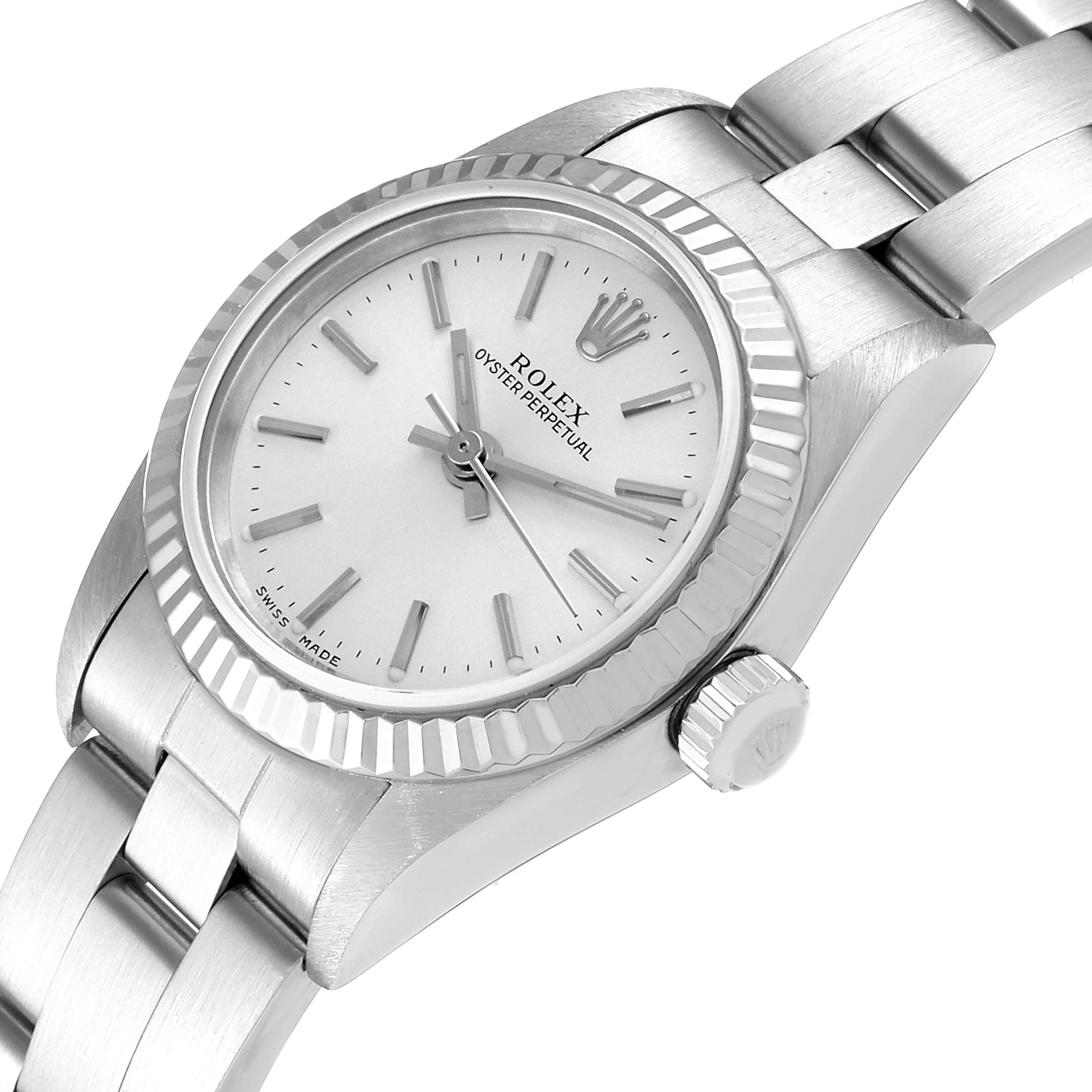 This image shows a Rolex Oyster Perpetual 76094 Women's Stainless Steel Silver Dial 76094 Women's Stainless Steel Silver Dial watch angled to display the dial, bezel, crown, and part of the bracelet.