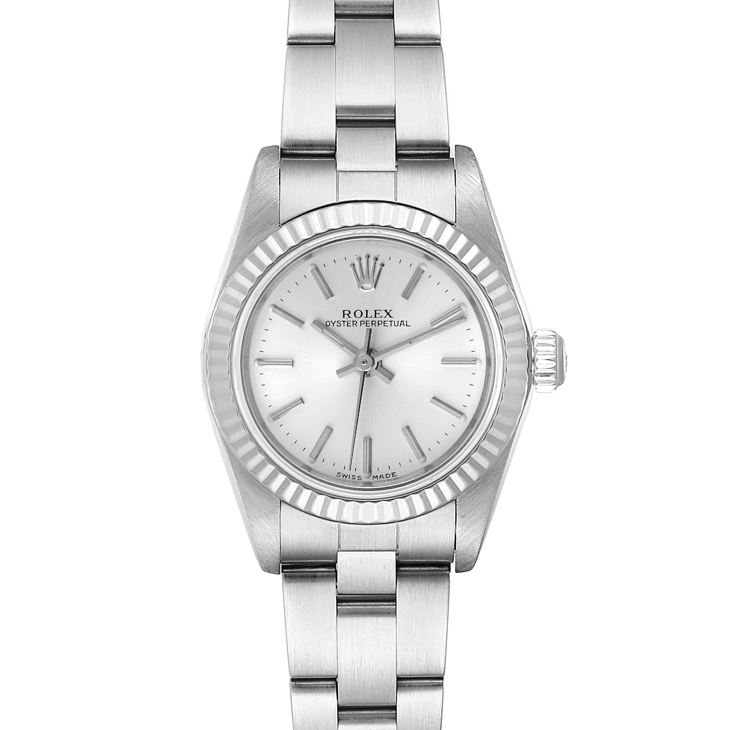 The image shows a front view of a Rolex Oyster Perpetual 76094 Women's Stainless Steel Silver Dial 76094 Women's Stainless Steel Silver Dial watch displaying its face, bezel, crown, and bracelet.