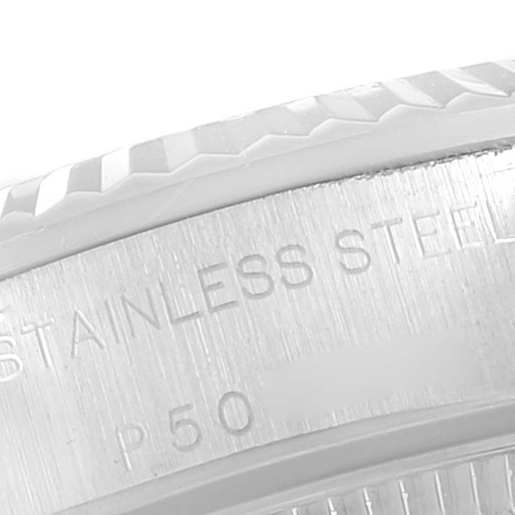 The image shows a close-up of the stainless steel back casing of a Rolex Oyster Perpetual 76094 Women's Stainless Steel Silver Dial 76094 Women's Stainless Steel Silver Dial watch.
