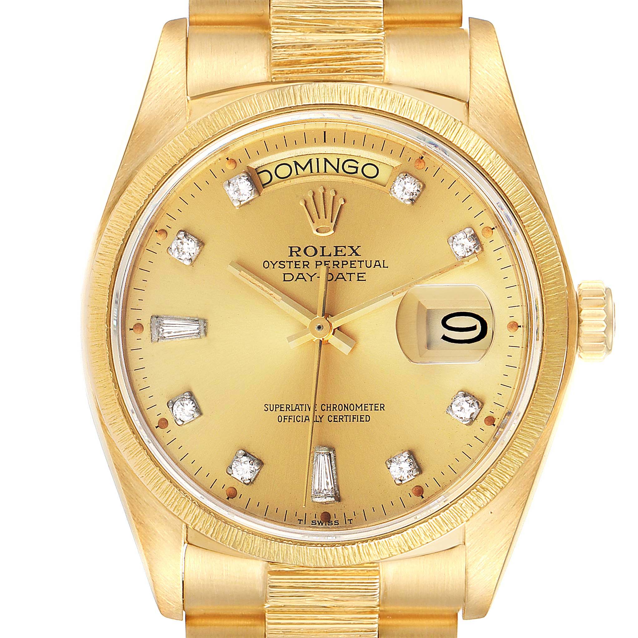 This image shows a close-up front view of a Rolex President 18078 Men
s Yellow Gold Champagne Dial 18078 Men
s Yellow Gold Champagne Dial Day-Date watch face and bezel.