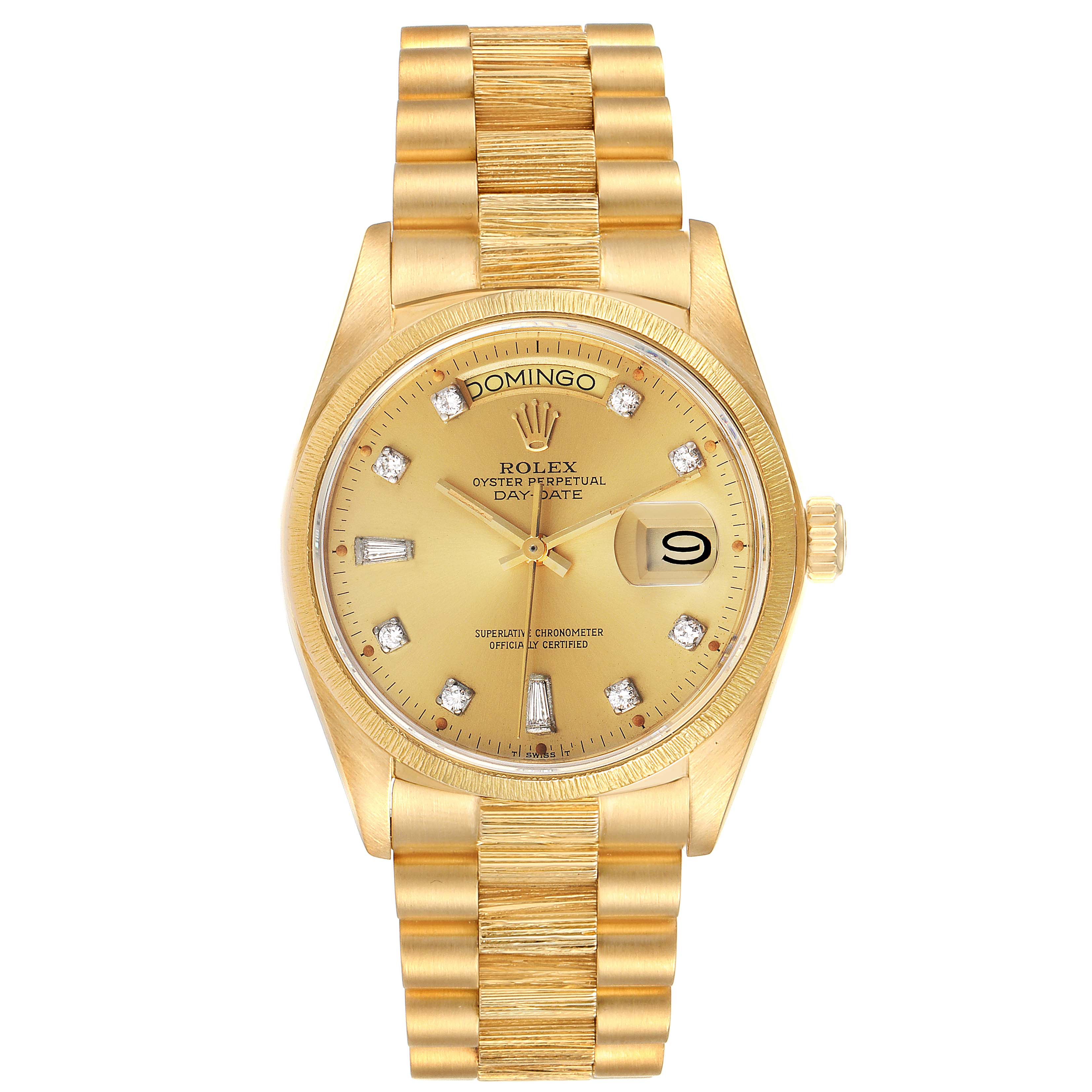 This image shows a front view of the Rolex President 18078 Men
s Yellow Gold Champagne Dial 18078 Men
s Yellow Gold Champagne Dial model watch, displaying the dial, bracelet, and crown.
