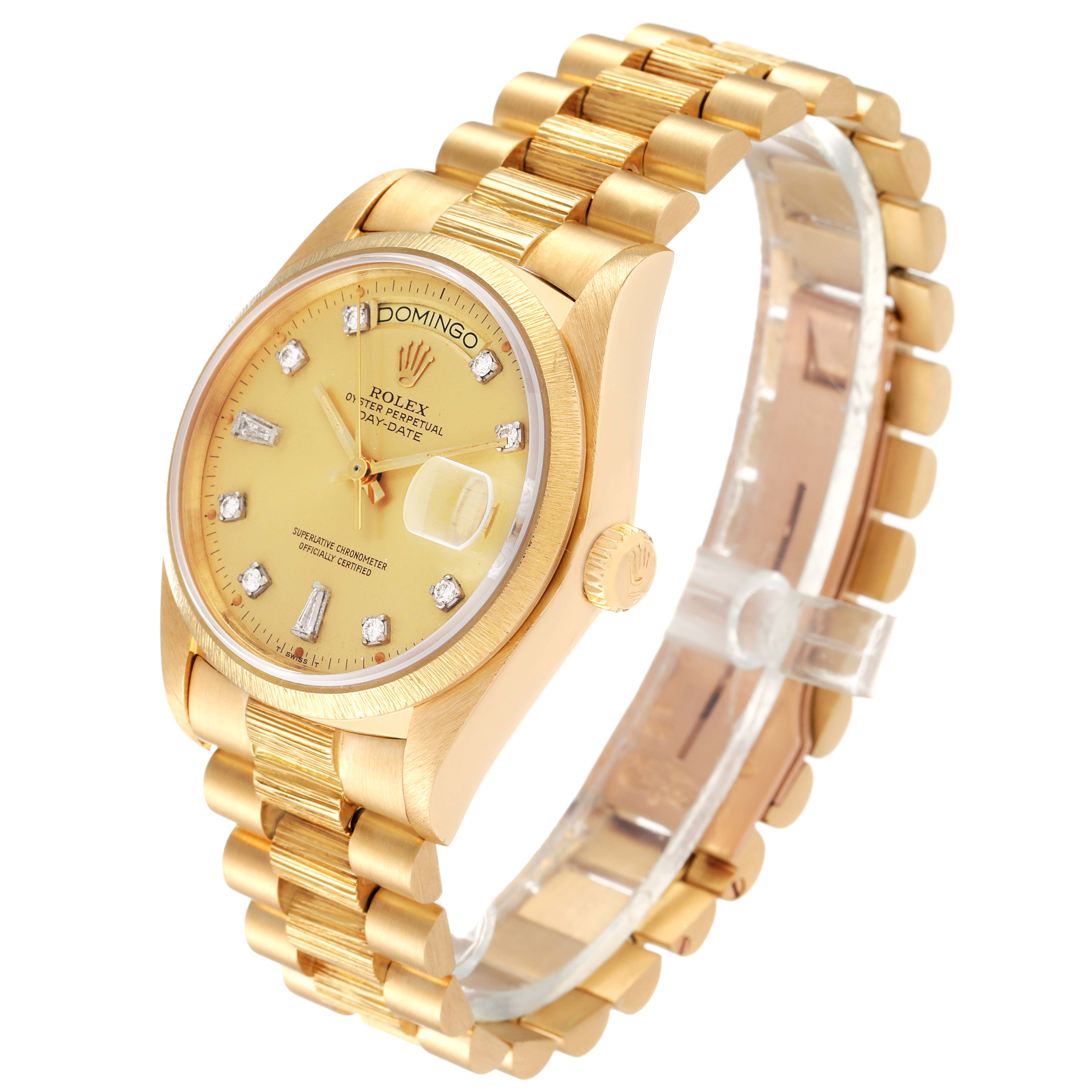 The Rolex President 18078 Men
s Yellow Gold Champagne Dial 18078 Men
s Yellow Gold Champagne Dial model watch is shown at a front-left angle, highlighting the face, bezel, crown, and bracelet.