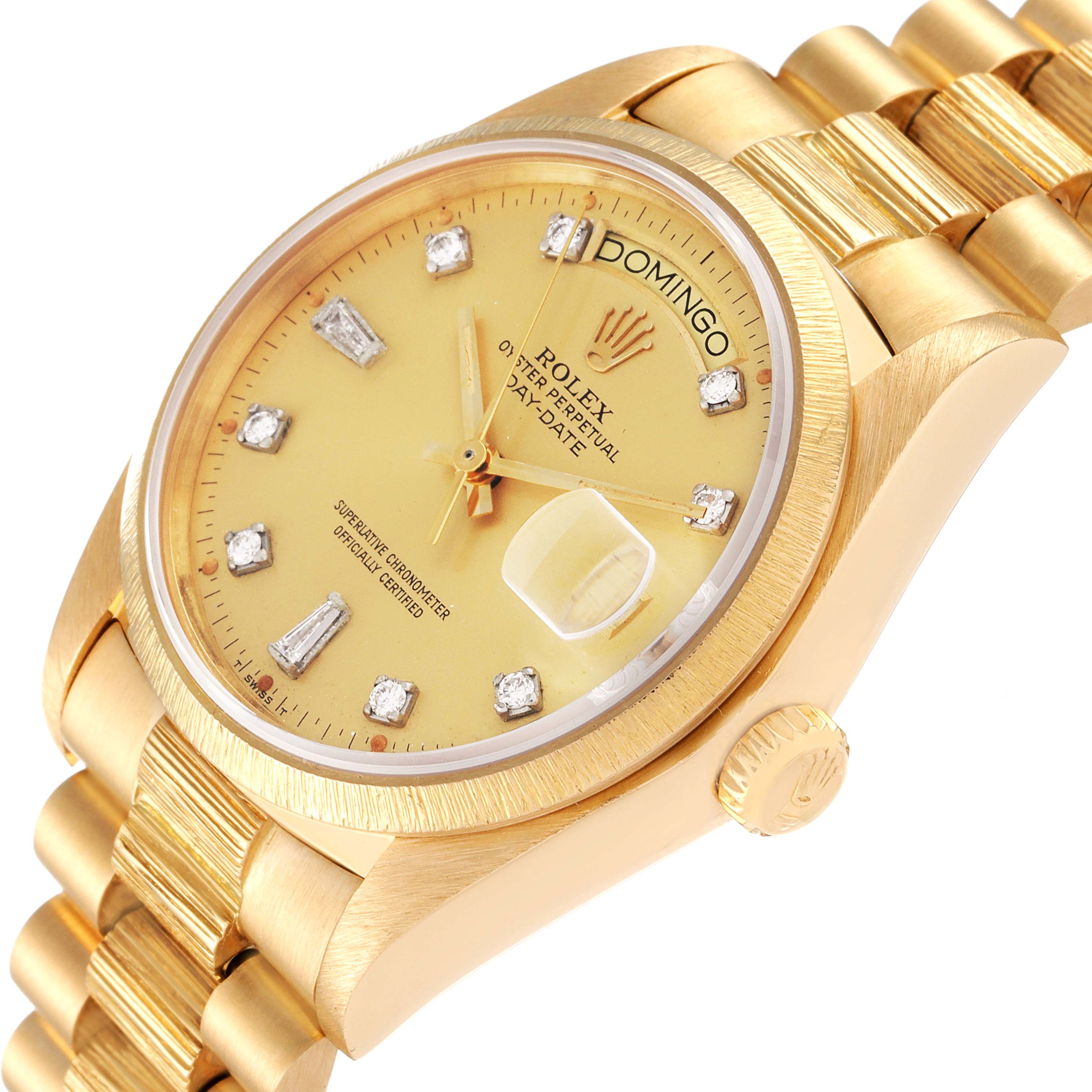 The image shows a side angle of a Rolex President 18078 Men
s Yellow Gold Champagne Dial 18078 Men
s Yellow Gold Champagne Dial watch, highlighting the face, crown, and part of the bracelet.