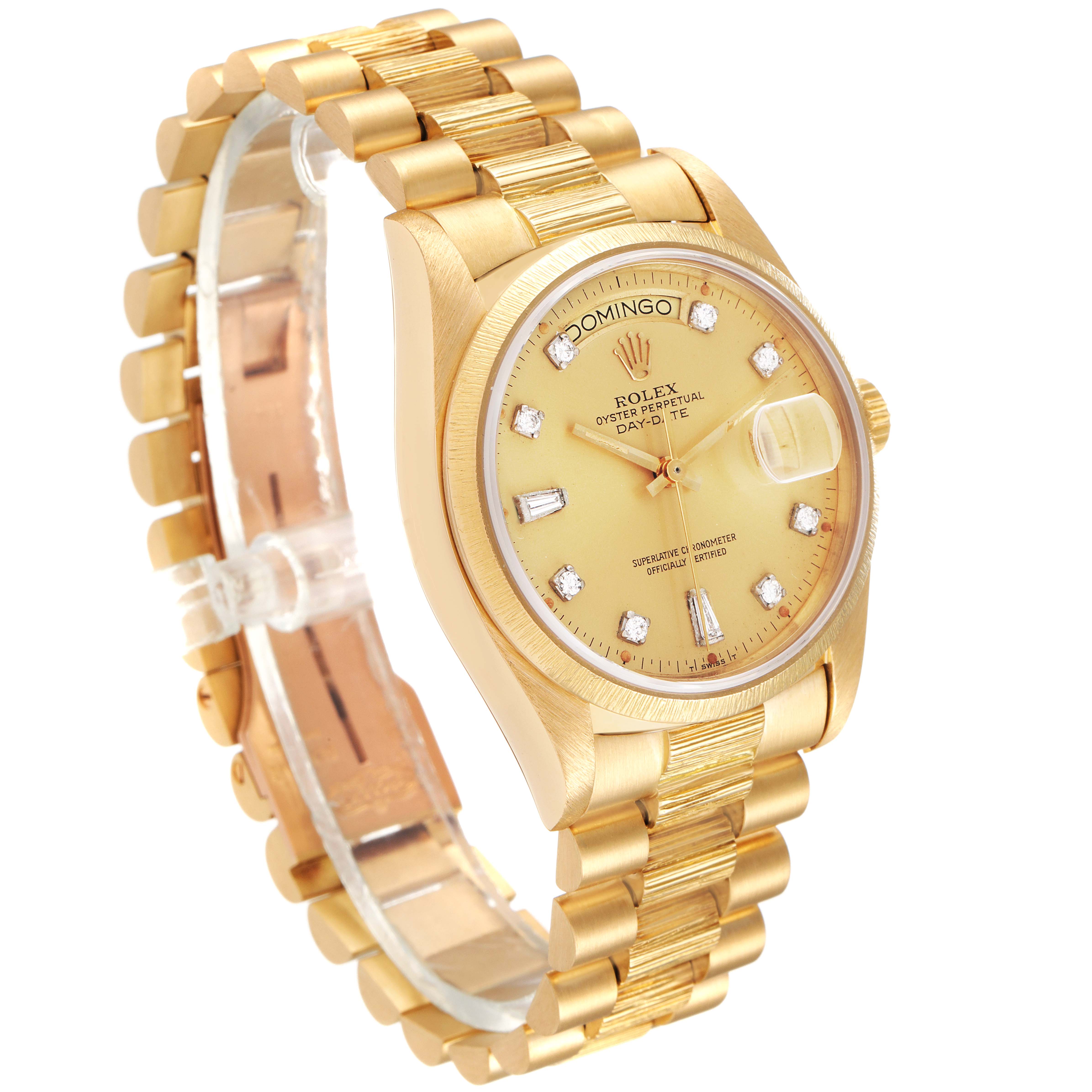 The image shows a Rolex President 18078 Men
s Yellow Gold Champagne Dial 18078 Men
s Yellow Gold Champagne Dial watch at a three-quarter angle, highlighting the dial, bezel, and bracelet.