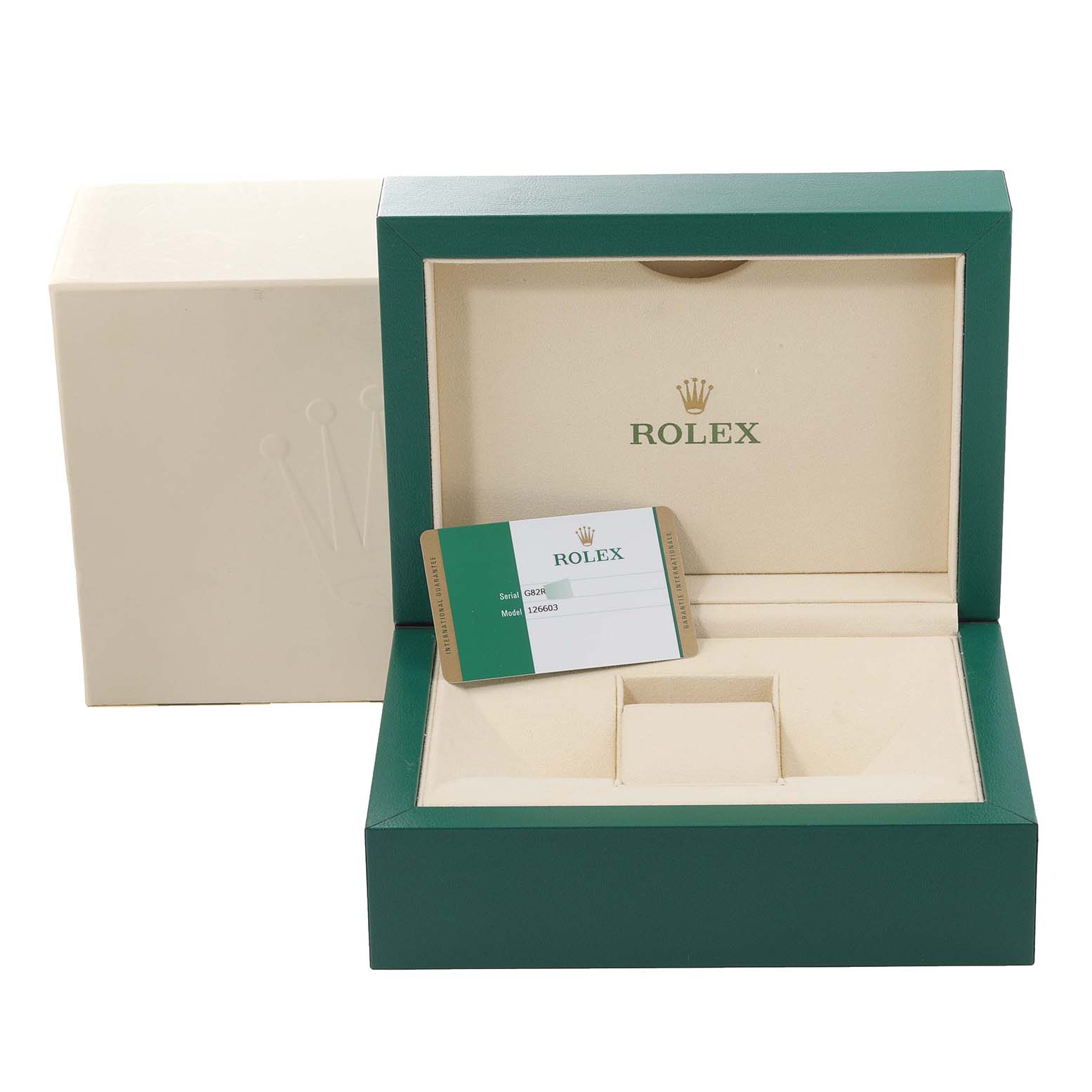 This image shows the open box and Best Quality
ity card for the Rolex Sea-Dweller 126603 Men
s Steel and Gold (two tone) Black Dial 126603 Men
s Steel and Gold (two tone) Black Dial model.