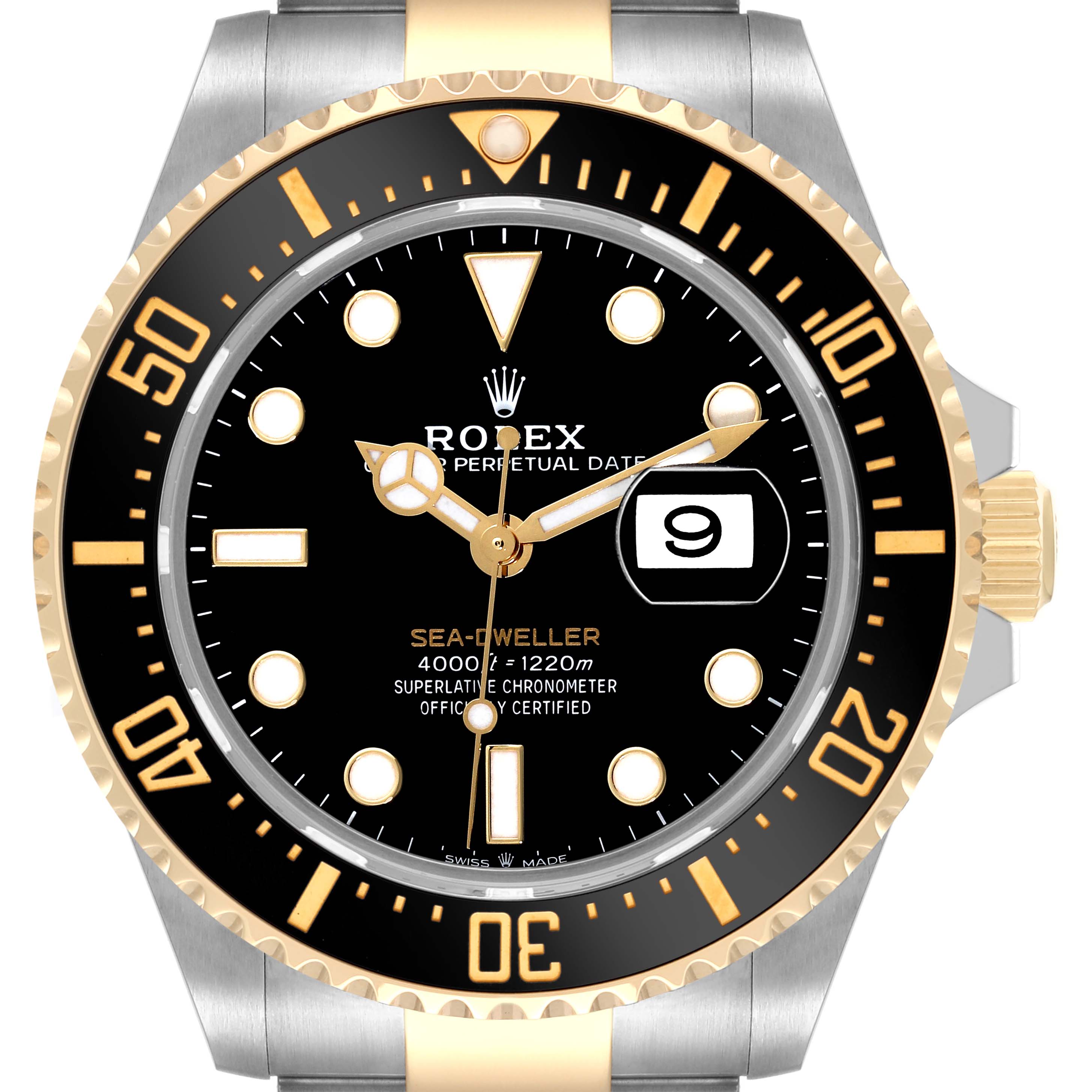 This image shows a front view of the Rolex Sea-Dweller 126603 Men
s Steel and Gold (two tone) Black Dial 126603 Men
s Steel and Gold (two tone) Black Dial watch displaying the dial, bezel, and crown.