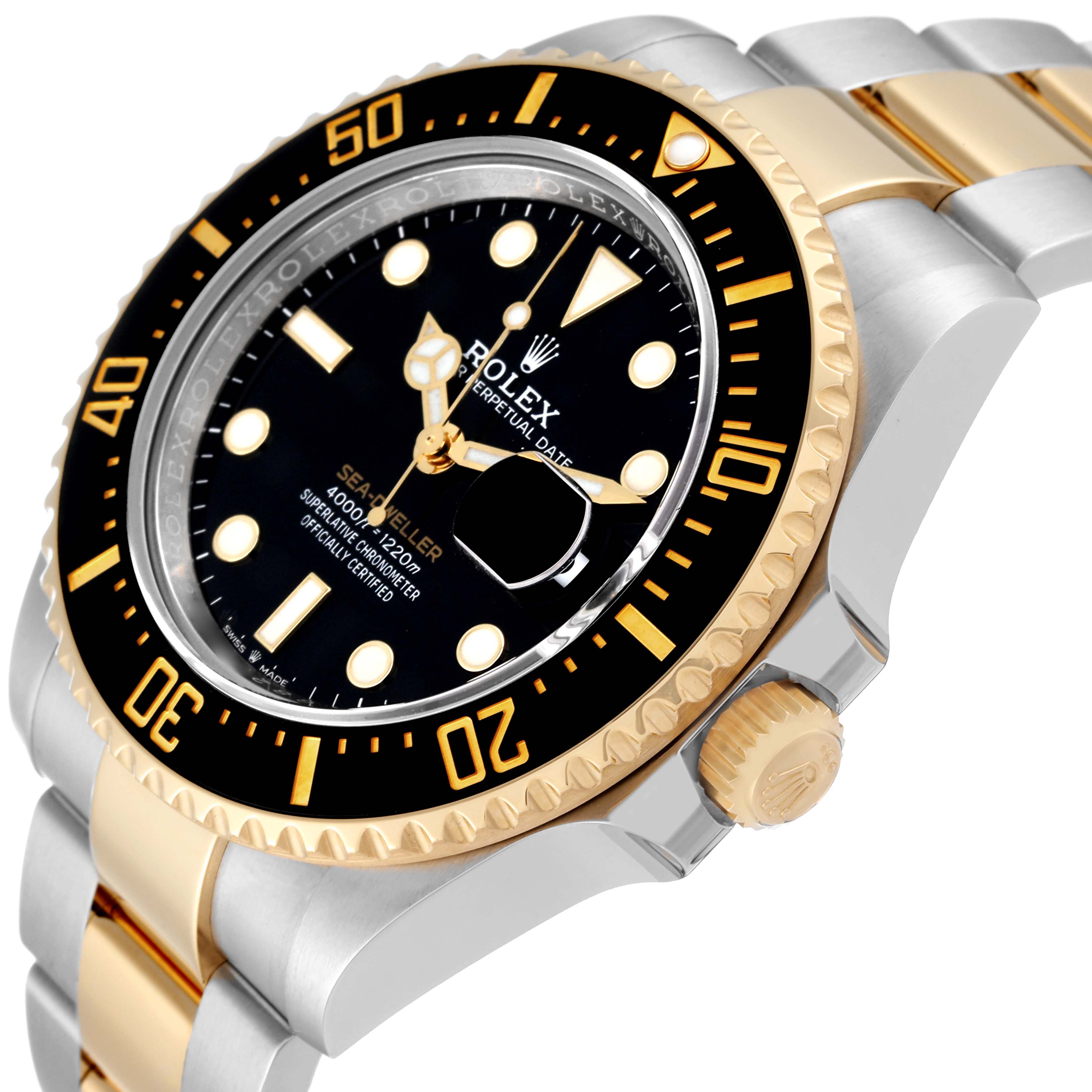 The image shows a side and front angle of the Rolex Sea-Dweller 126603 Men
s Steel and Gold (two tone) Black Dial 126603 Men
s Steel and Gold (two tone) Black Dial watch, highlighting its dial, bezel, and part of the strap.