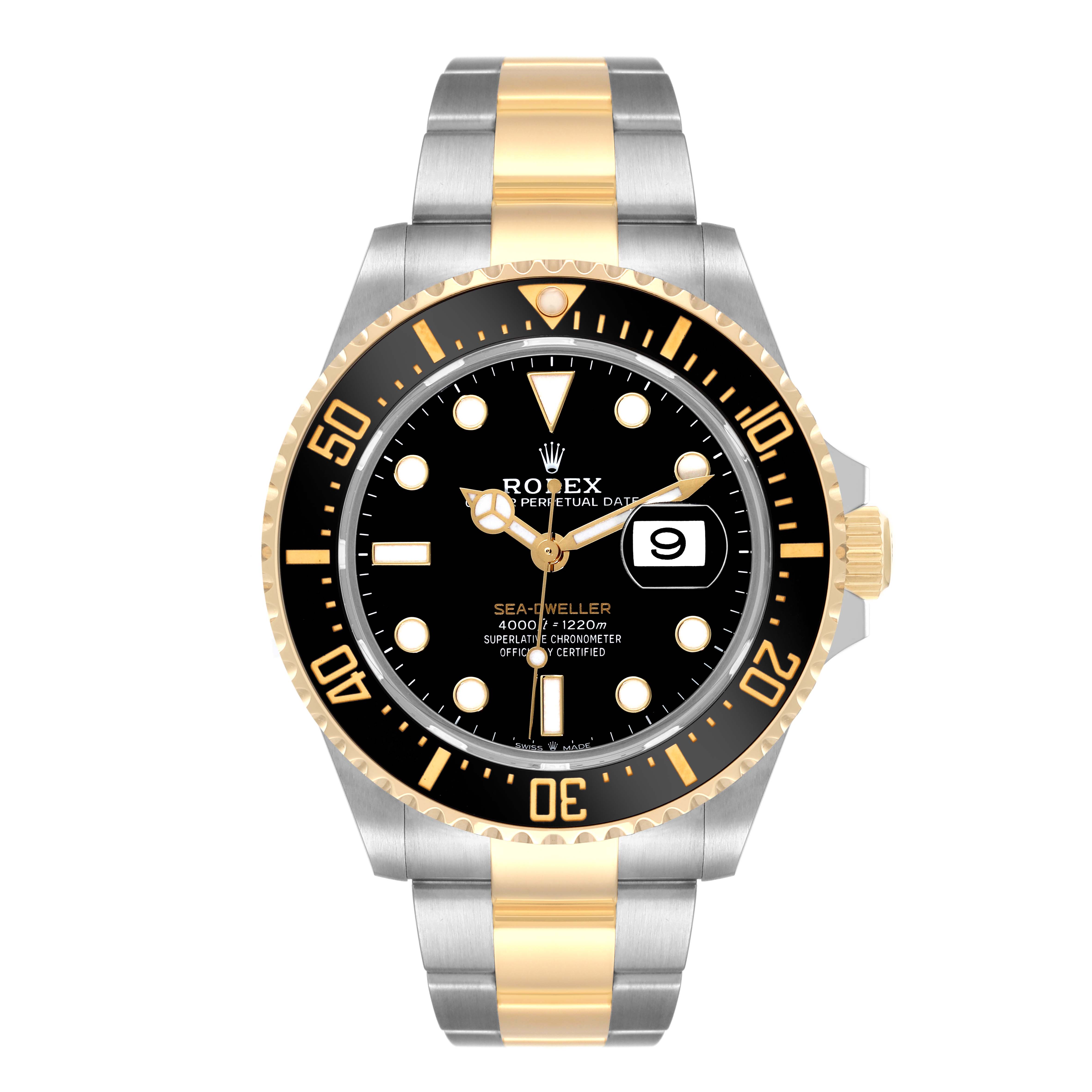 The image shows a front view of the Rolex Sea-Dweller 126603 Men
s Steel and Gold (two tone) Black Dial 126603 Men
s Steel and Gold (two tone) Black Dial watch, featuring a black dial, gold accents, and a date display.