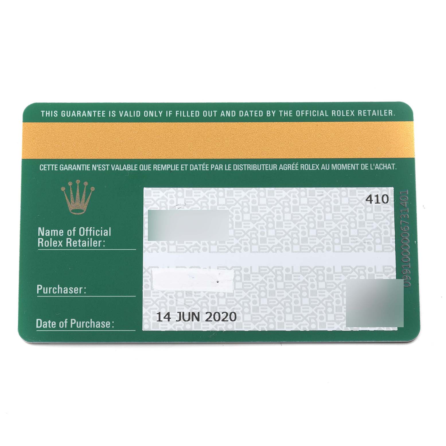 The image shows a guarantee card for the Rolex Sea-Dweller 126603 Men
s Steel and Gold (two tone) Black Dial 126603 Men
s Steel and Gold (two tone) Black Dial watch, with fields including the retailer
s name, purchaser, and date of purchase.