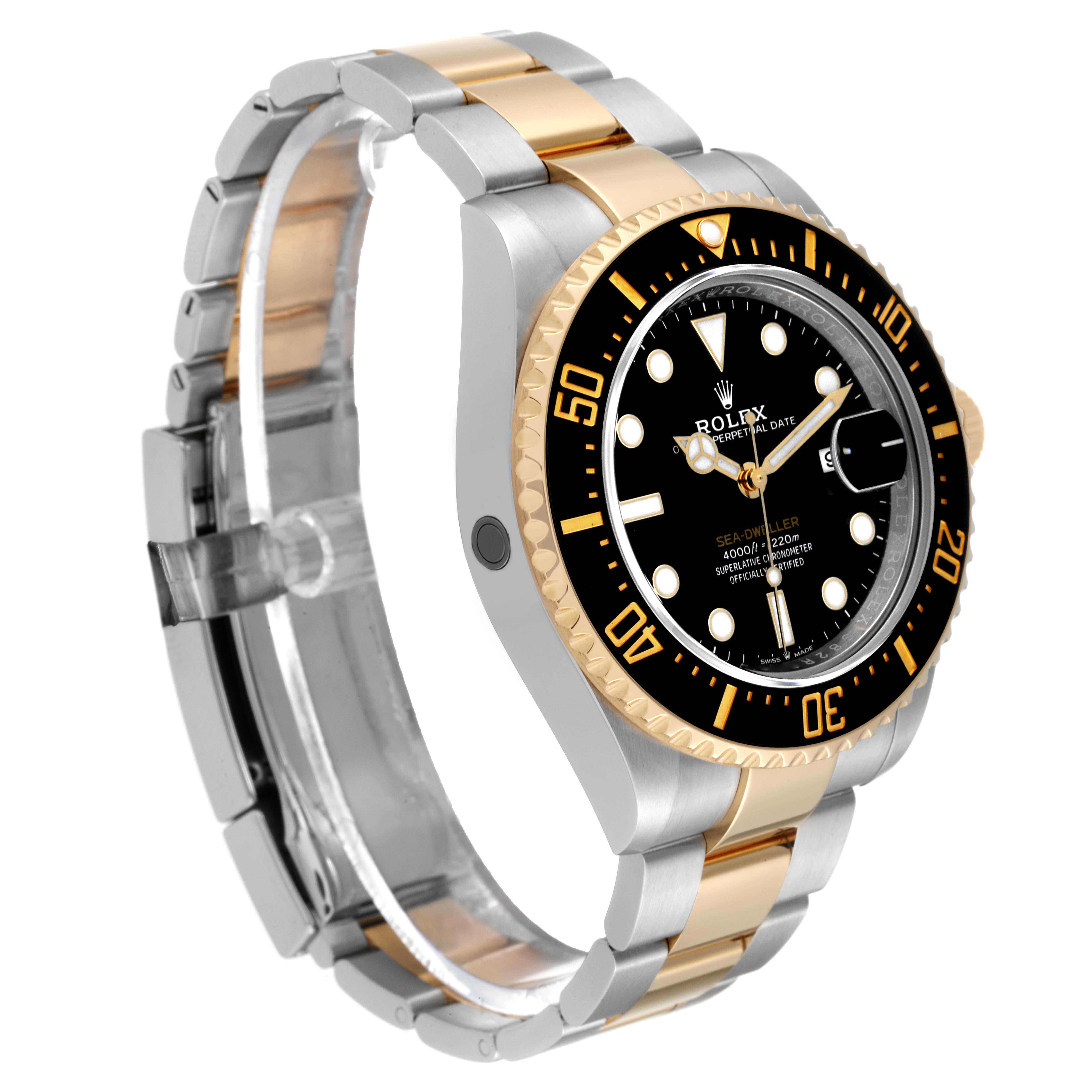The image shows a side and slightly angled front view of a Rolex Sea-Dweller 126603 Men
s Steel and Gold (two tone) Black Dial 126603 Men
s Steel and Gold (two tone) Black Dial watch, highlighting its bezel, dial, and bracelet.
