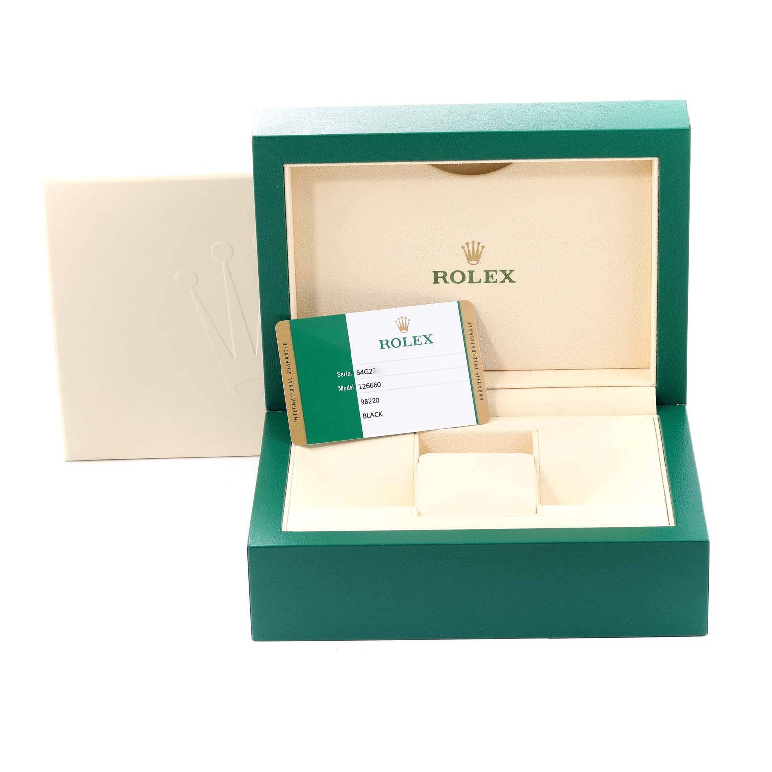 The image shows an open Rolex Sea-Dweller 126660 Men's Stainless Steel Black Dial 126660 Men's Stainless Steel Black Dial watch case with a certification card inside.