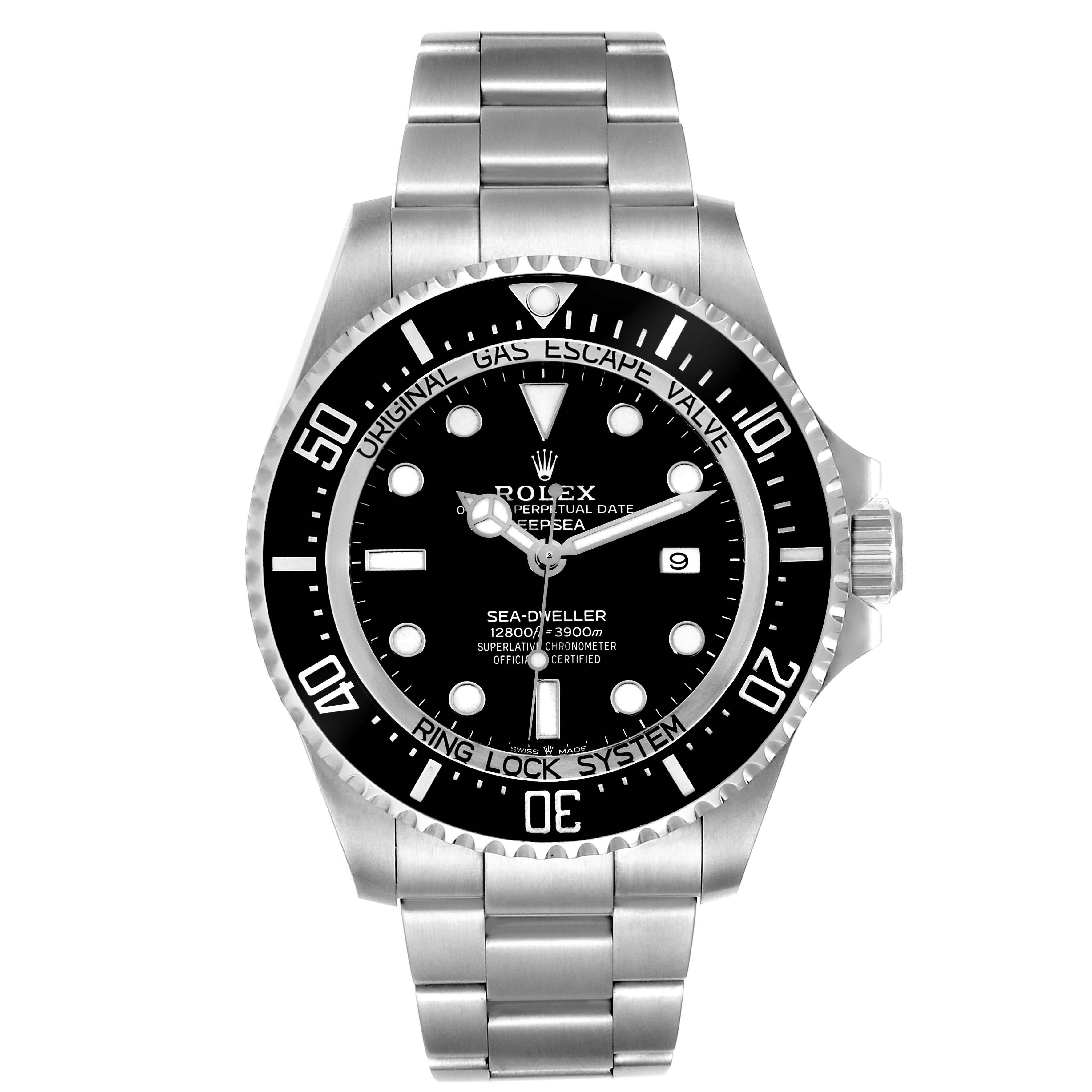 The image shows a front view of the Rolex Sea-Dweller 126660 Men's Stainless Steel Black Dial 126660 Men's Stainless Steel Black Dial watch, highlighting its face, bezel, and bracelet.