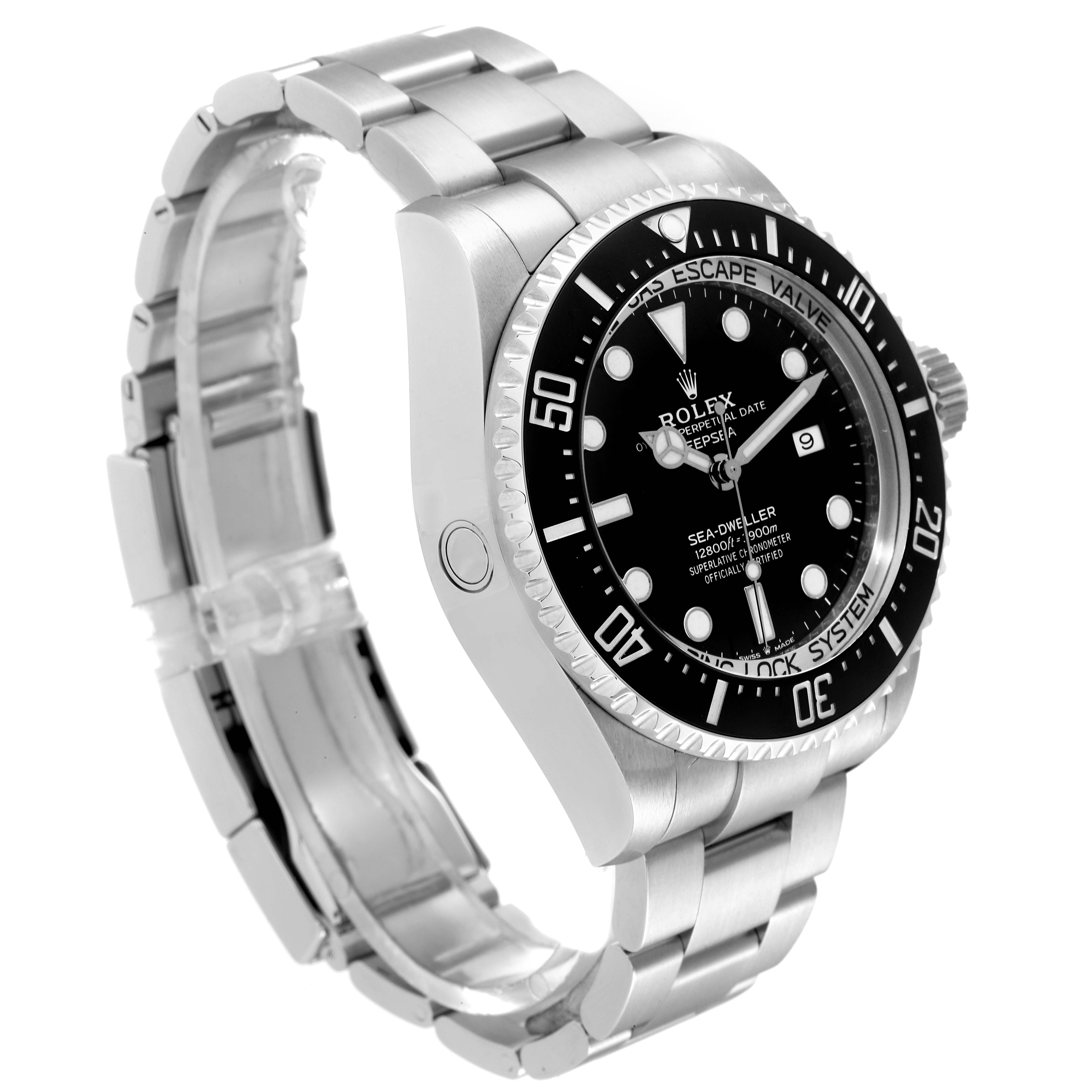 The image shows a Rolex Sea-Dweller 126660 Men's Stainless Steel Black Dial 126660 Men's Stainless Steel Black Dial watch at a three-quarter angle, highlighting its dial, bezel, crown, and metal bracelet.