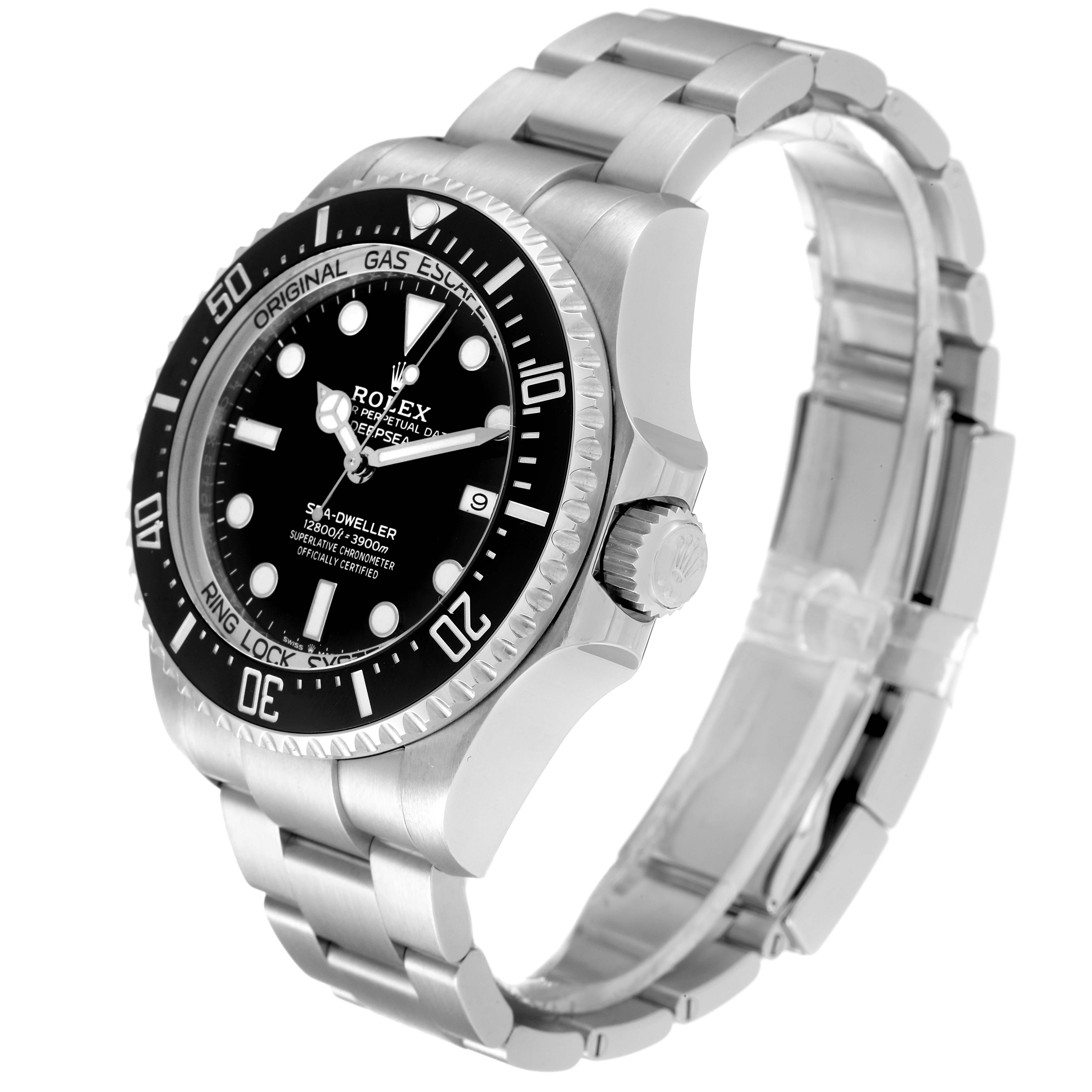 The image shows a side and front angle view of a Rolex Sea-Dweller 126660 Men's Stainless Steel Black Dial 126660 Men's Stainless Steel Black Dial watch, highlighting the face, bezel, crown, and bracelet.