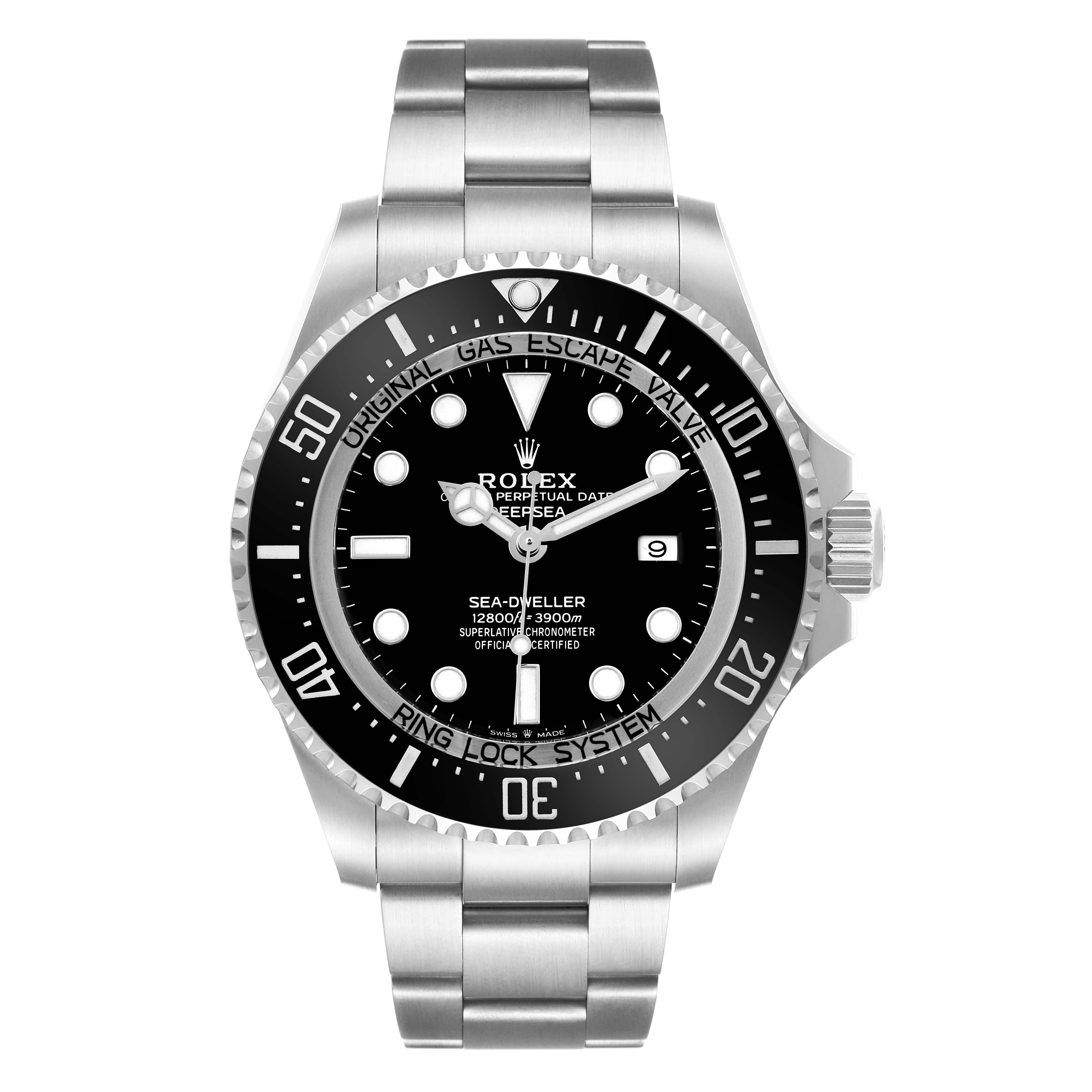 The Rolex Sea-Dweller 126660 Men's Stainless Steel Black Dial watch is shown from a front angle, displaying its face, bezel, and part of the bracelet.