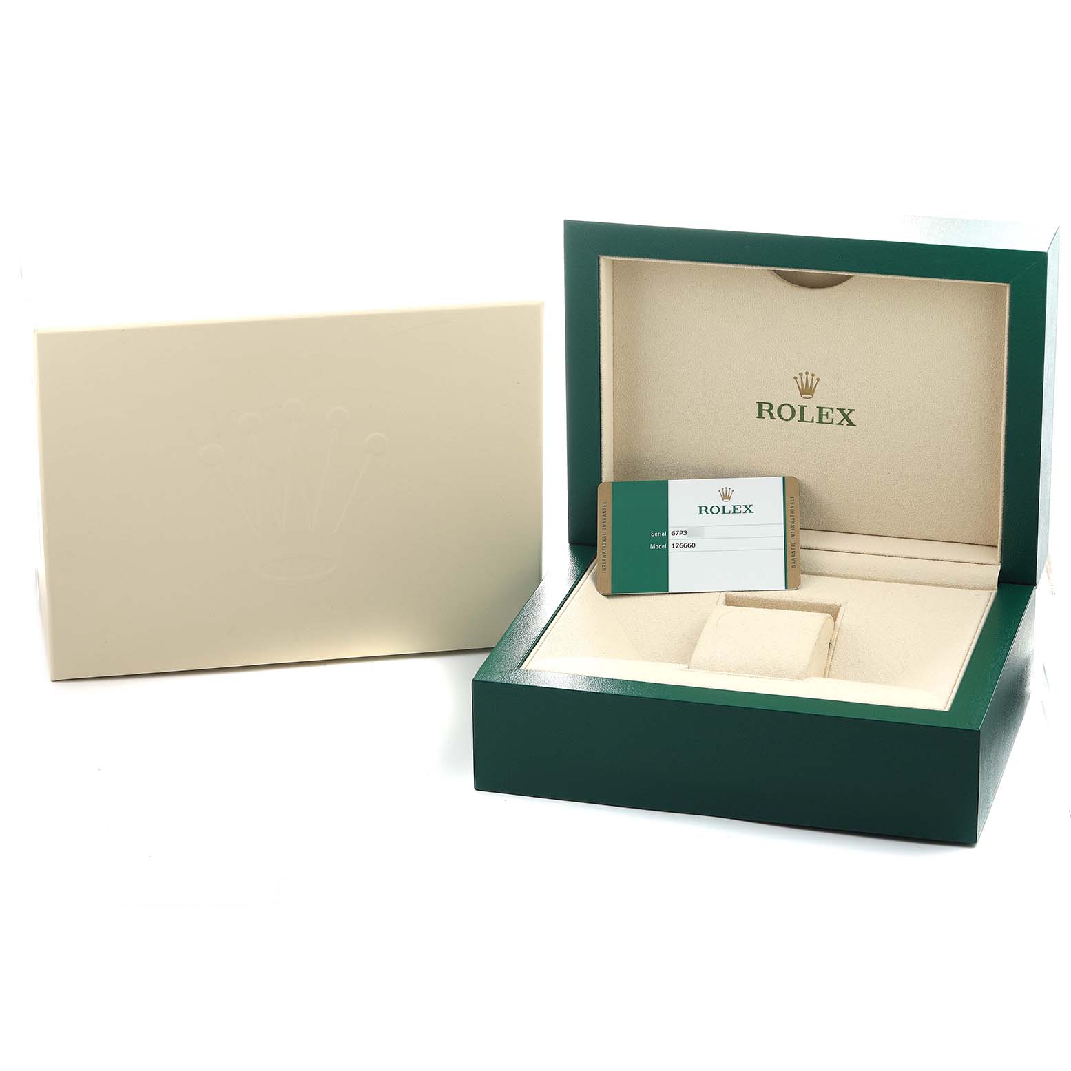 The image shows a Rolex Sea-Dweller 126660 Men's Stainless Steel Black Dial watch box and card from a front angle, with the interior and exterior packaging.