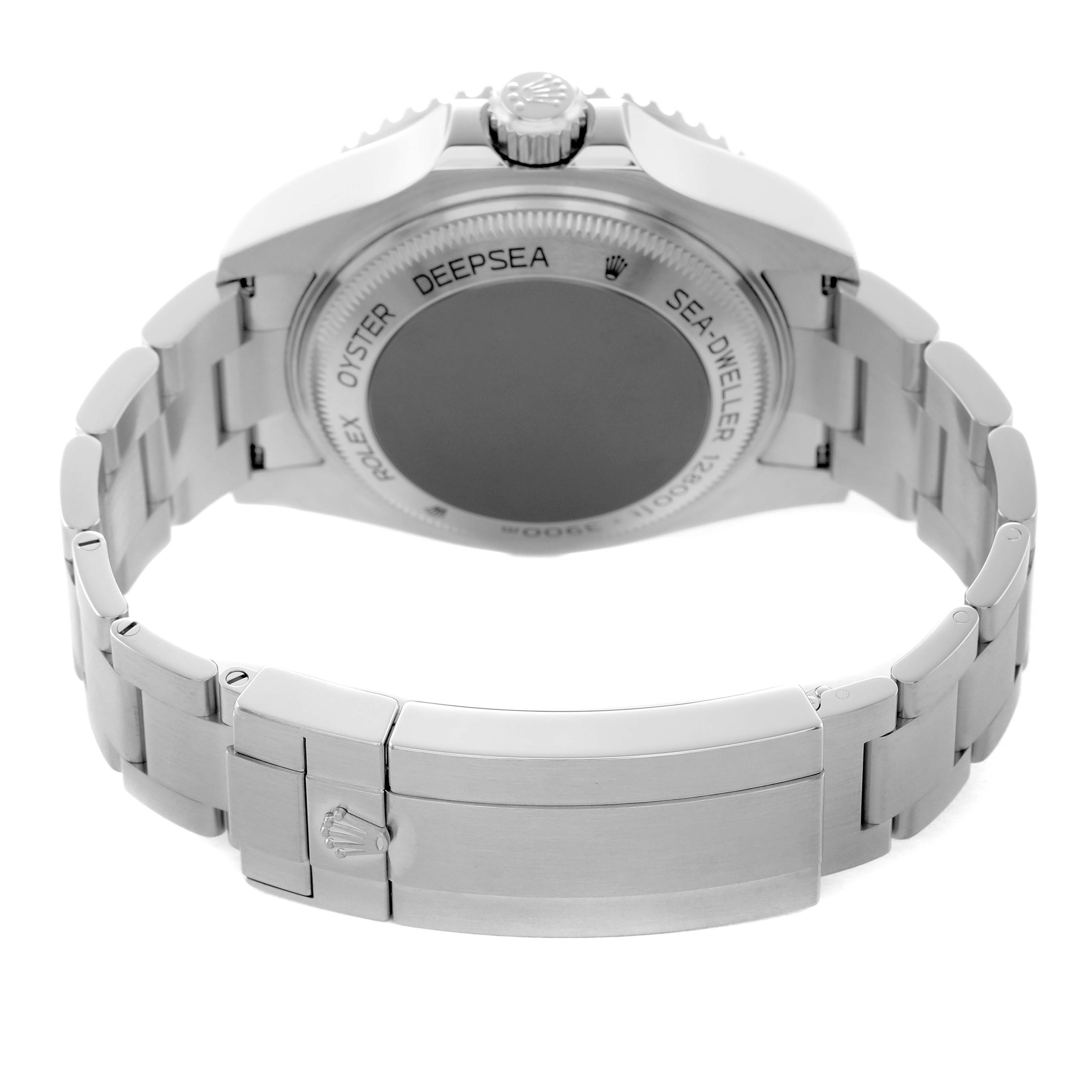 The image shows the back and bracelet clasp of a Rolex Sea-Dweller 126660 Men's Stainless Steel Black Dial watch from a rear angle.