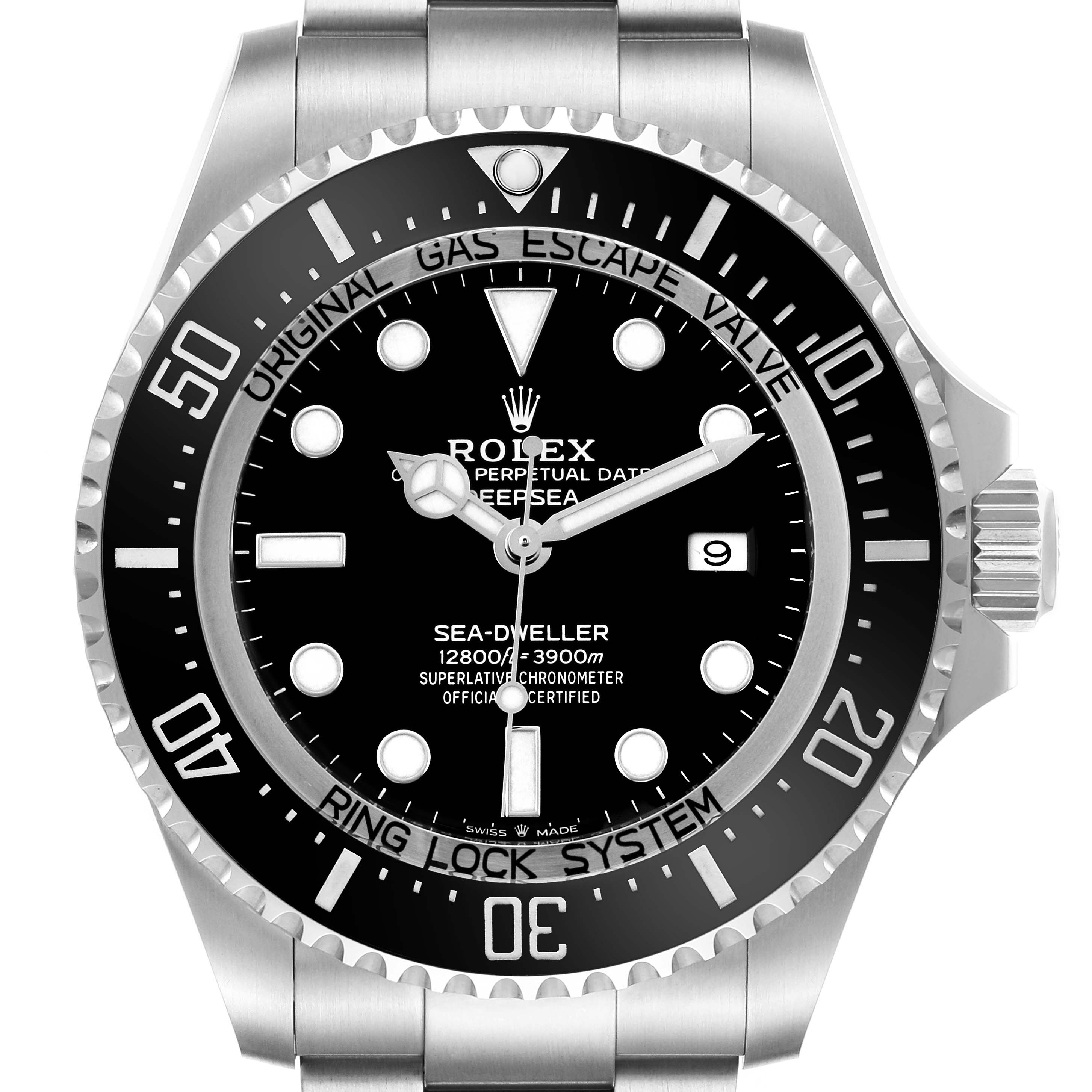 The Rolex Sea-Dweller 126660 Men's Stainless Steel Black Dial is shown from a front view, highlighting the black dial, bezel, and crown.