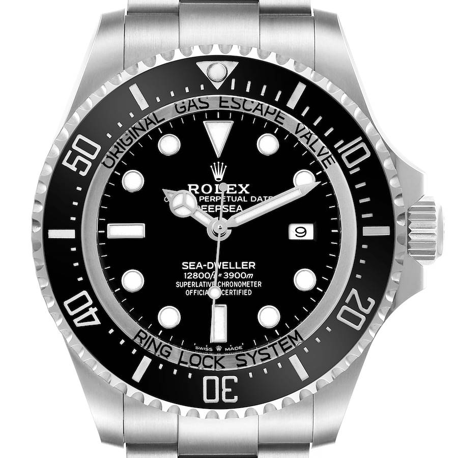 The Rolex Sea-Dweller 126660 Men's Stainless Steel Black Dial is shown from a front view, highlighting the black dial, bezel, and crown.