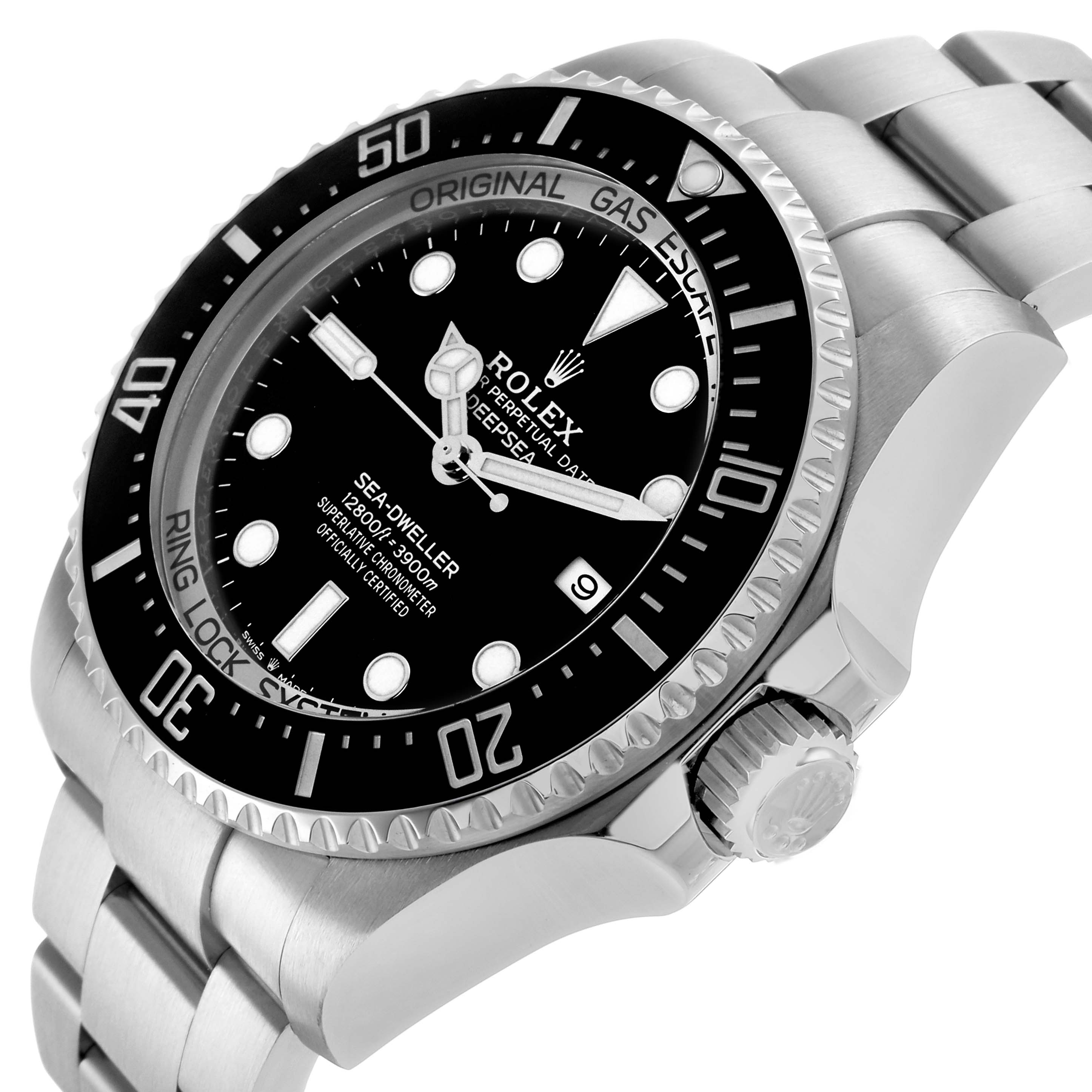 The Rolex Sea-Dweller 126660 Men's Stainless Steel Black Dial watch is shown at an angled view, highlighting the bezel, dial, crown, and bracelet links.