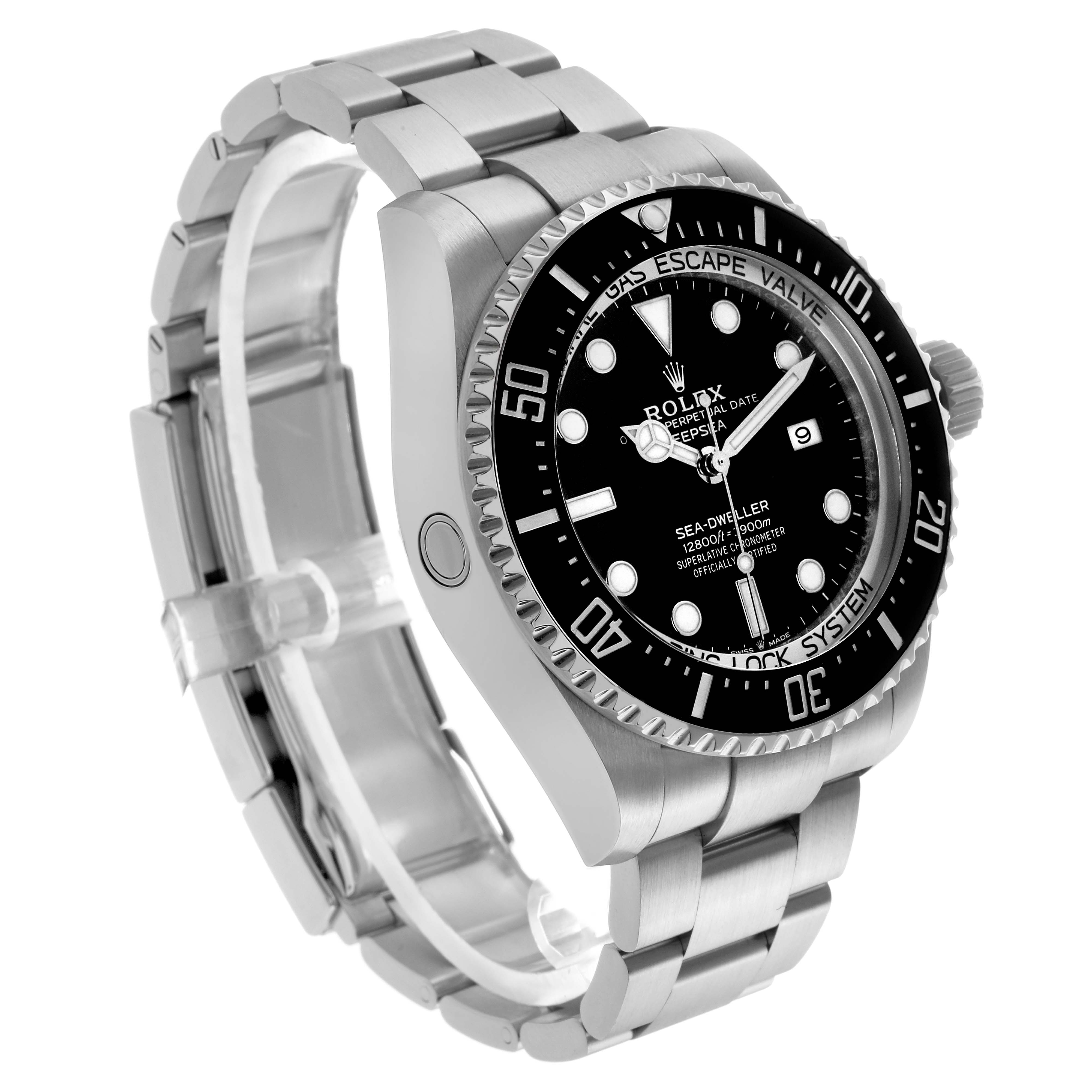 The Rolex Sea-Dweller 126660 Men's Stainless Steel Black Dial watch is shown from a right-side angle, highlighting the bezel, crown, and bracelet.