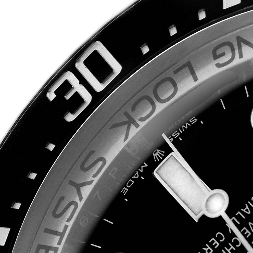 The image shows a close-up of the bezel and part of the dial of a Rolex Sea-Dweller 126660 Men's Stainless Steel Black Dial, highlighting the "30" marker.