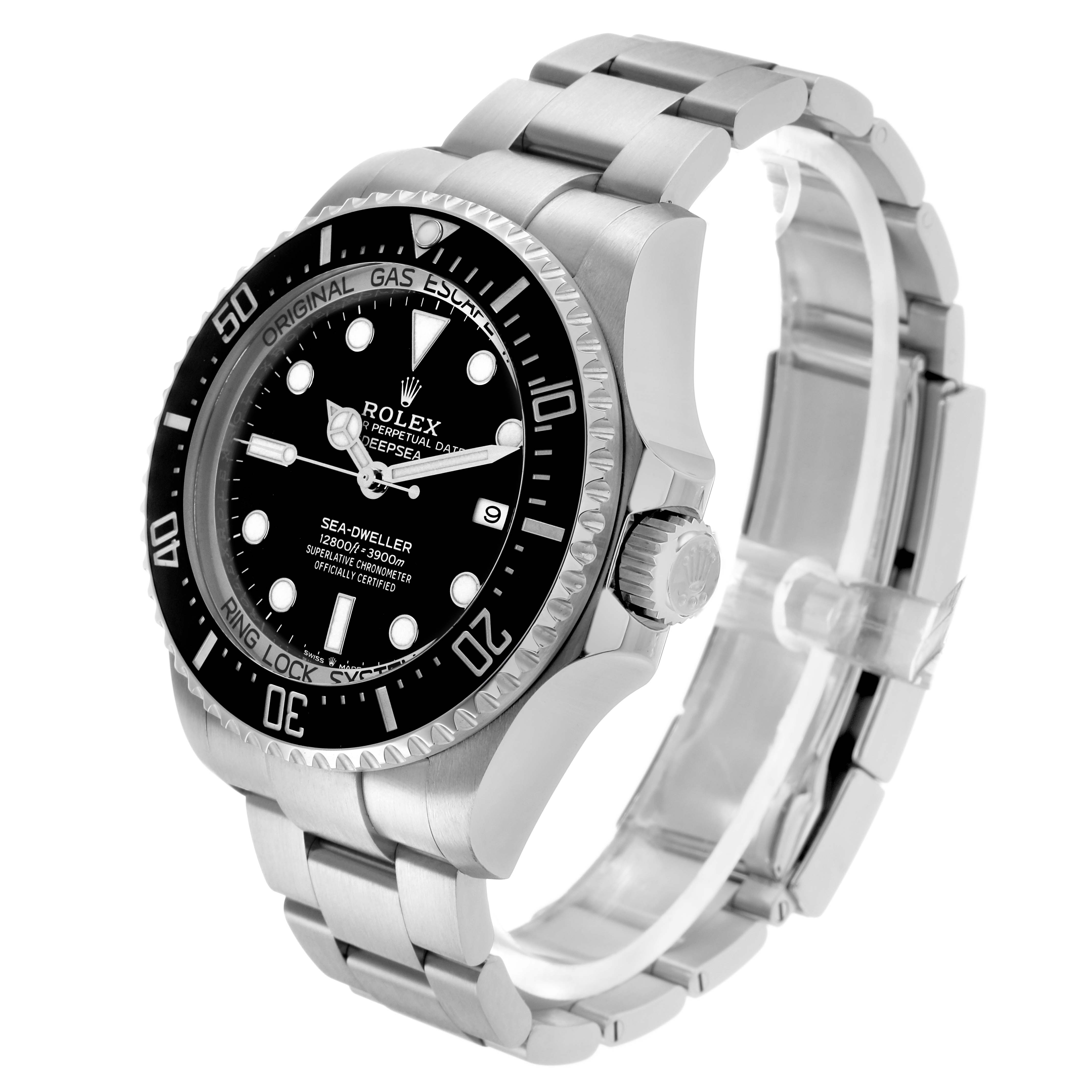 The image shows a Rolex Sea-Dweller 126660 Men's Stainless Steel Black Dial watch at a three-quarter angle, highlighting the face, bezel, crown, and bracelet.