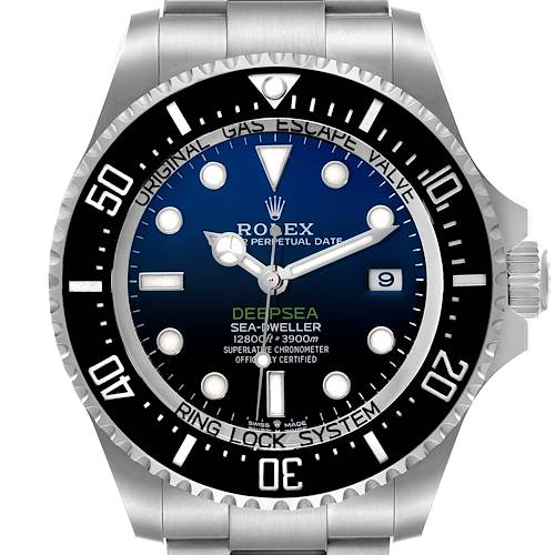 The Rolex Sea-Dweller watch is shown from the front, displaying its dial, bezel, and part of the bracelet.