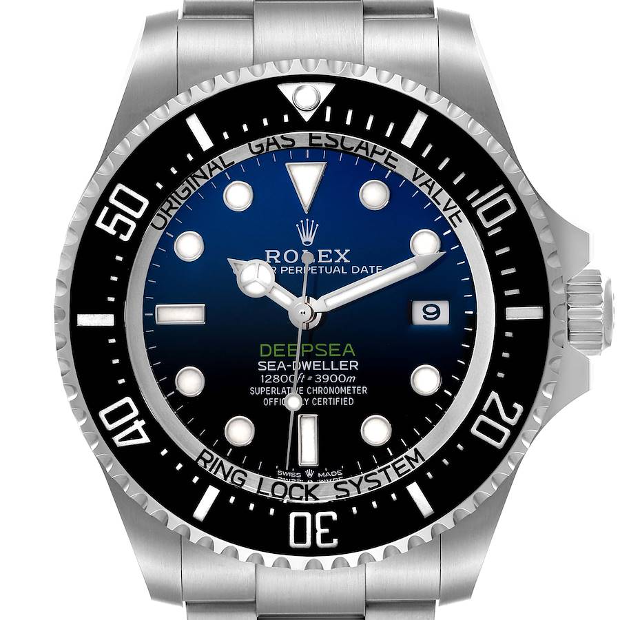 The Rolex Sea-Dweller watch is shown from a front angle, displaying the face, bezel, and part of the bracelet.