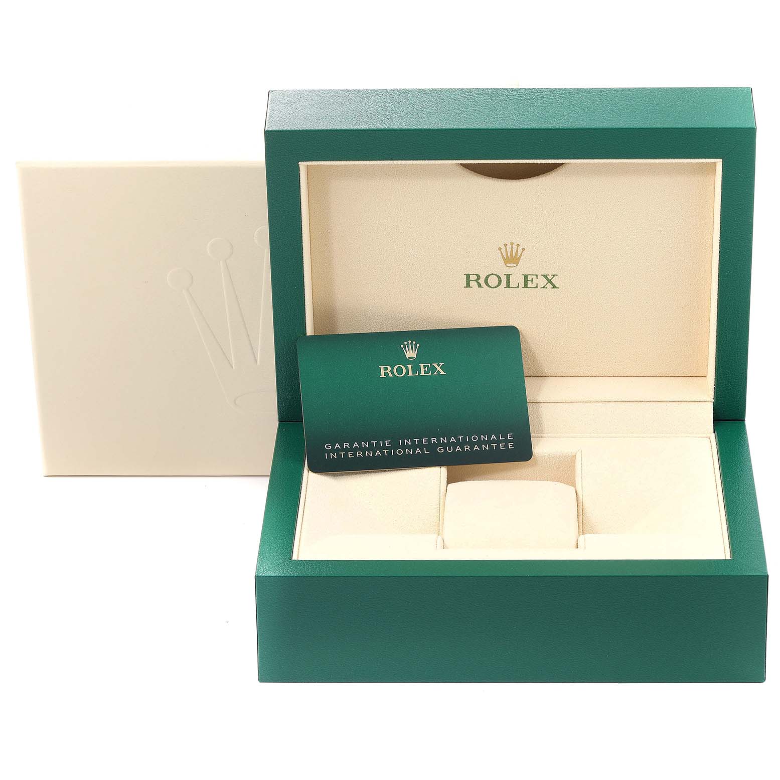 The image shows the open box and international guarantee card for a Rolex Submariner 126613 Men's Steel and Gold (two tone) Blue Dial 126613 Men's Steel and Gold (two tone) Blue Dial watch.