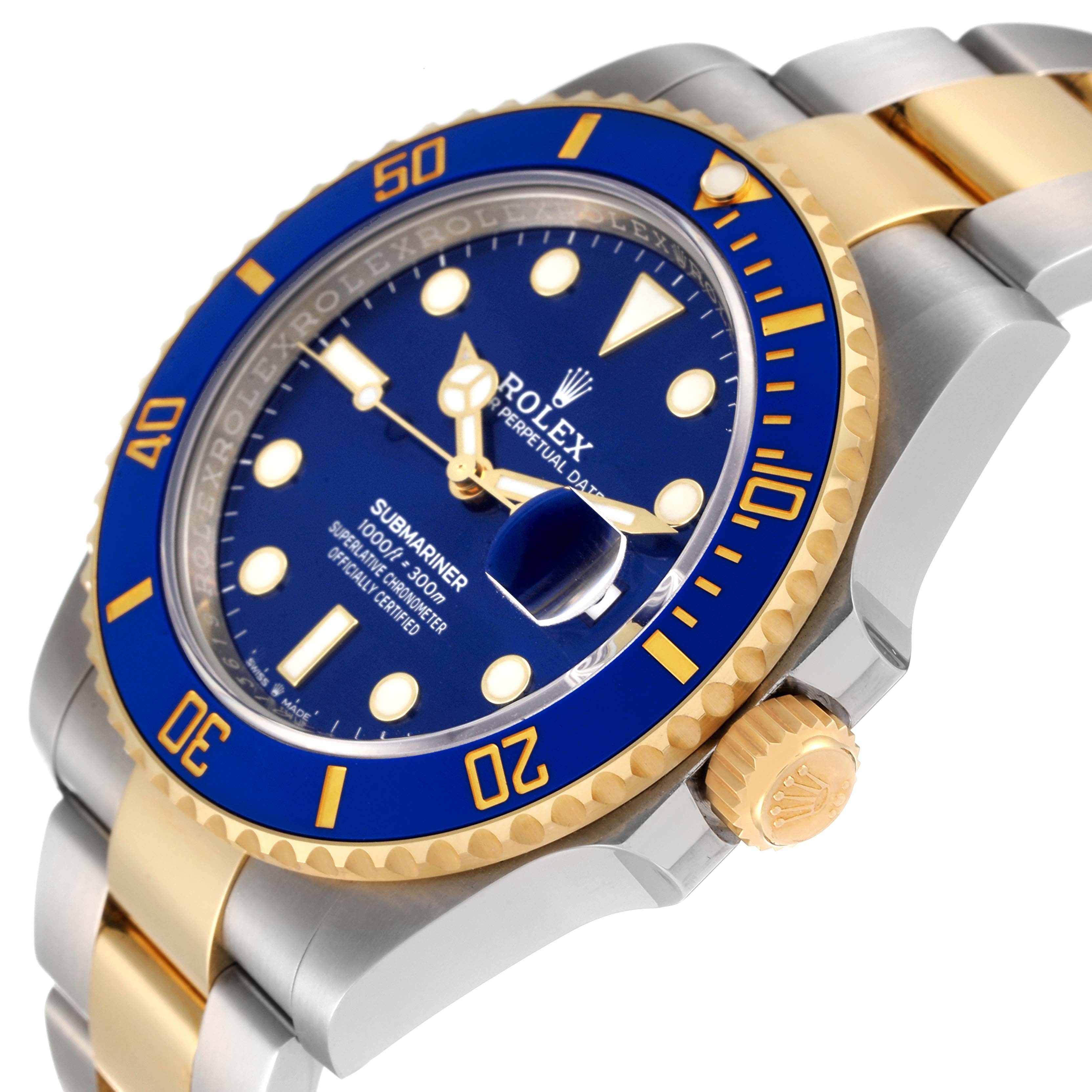 The image shows a close-up side view of a Rolex Submariner 126613 Men's Steel and Gold (two tone) Blue Dial 126613 Men's Steel and Gold (two tone) Blue Dial watch, highlighting its blue dial, gold bezel, and crown.