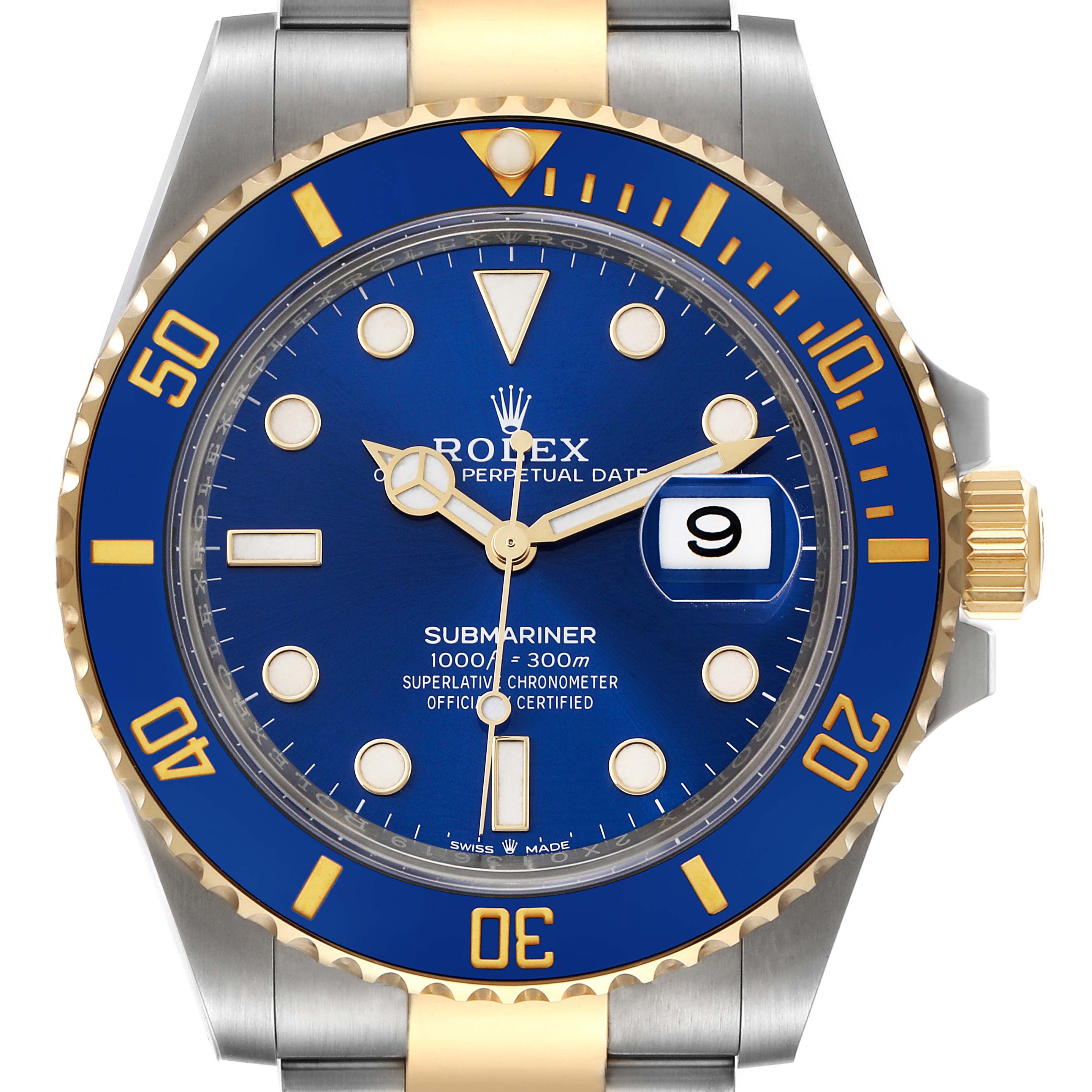 The image shows a front view of a Rolex Submariner 126613 Men's Steel and Gold (two tone) Blue Dial 126613 Men's Steel and Gold (two tone) Blue Dial watch with a blue dial and bezel, and a date display at 3 o'clock.