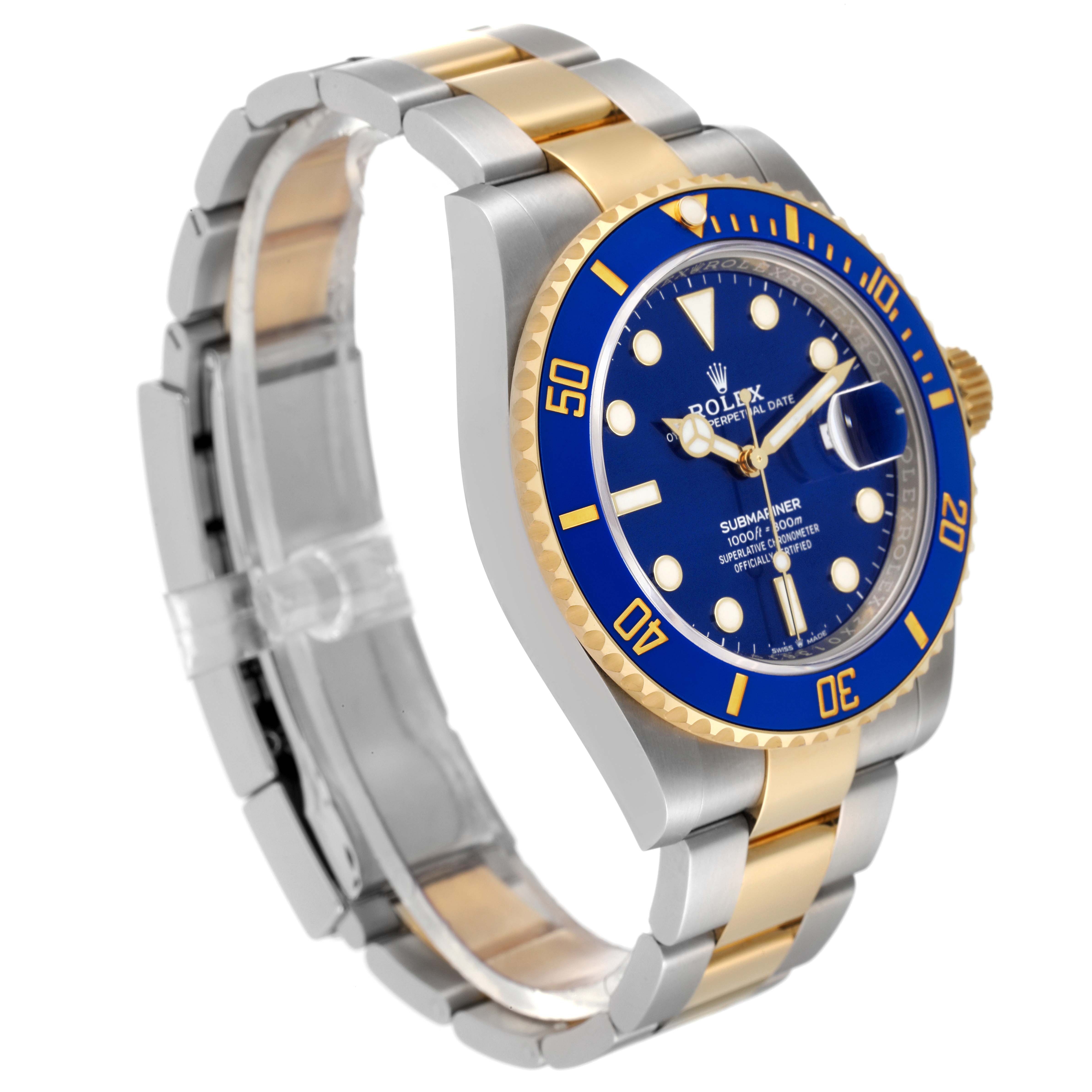 The image shows a Rolex Submariner 126613 Men's Steel and Gold (two tone) Blue Dial 126613 Men's Steel and Gold (two tone) Blue Dial watch at a three-quarter angle, highlighting the band, bezel, and face.