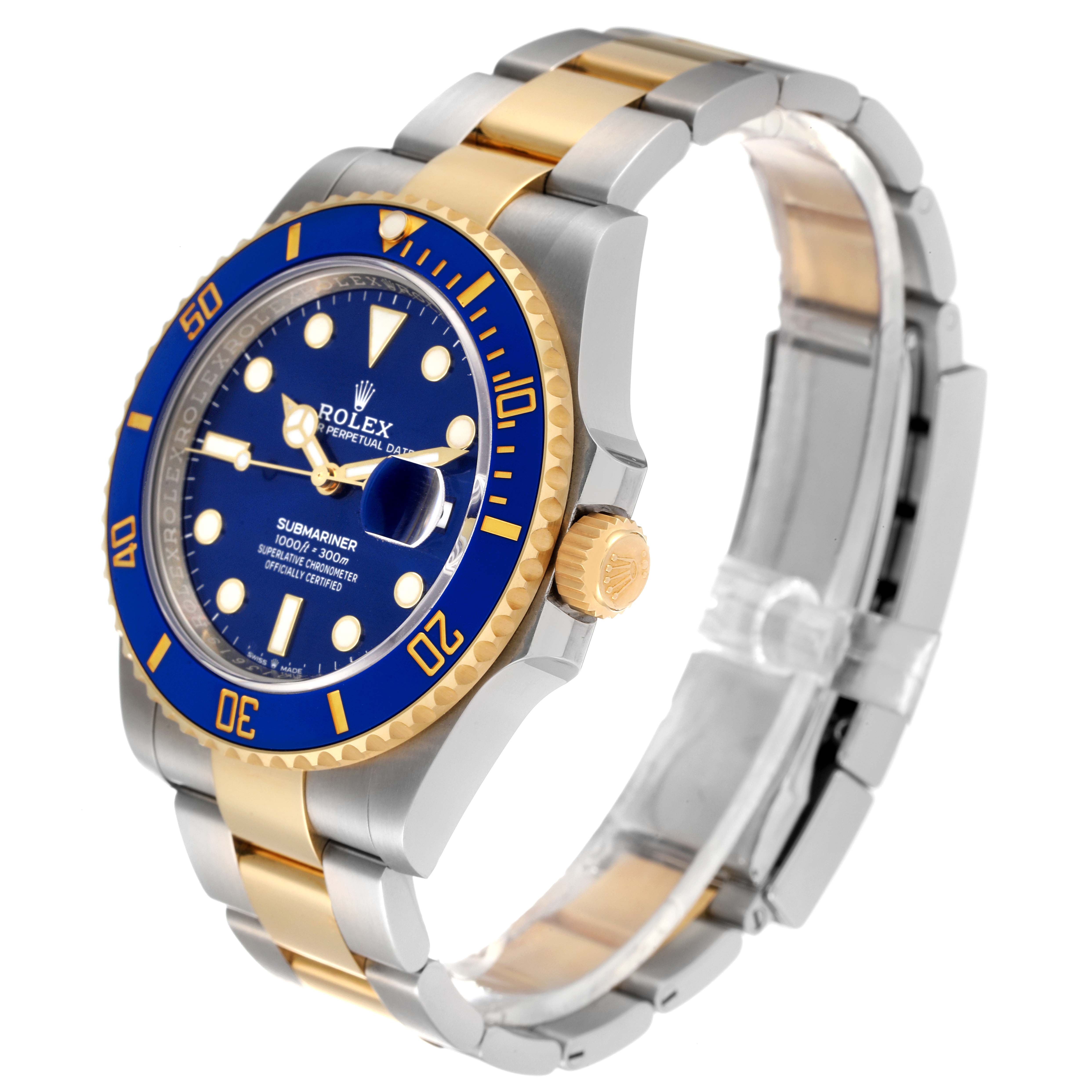 The Rolex Submariner 126613 Men's Steel and Gold (two tone) Blue Dial 126613 Men's Steel and Gold (two tone) Blue Dial watch is shown from a three-quarter angle, displaying the dial, bezel, and part of the bracelet.