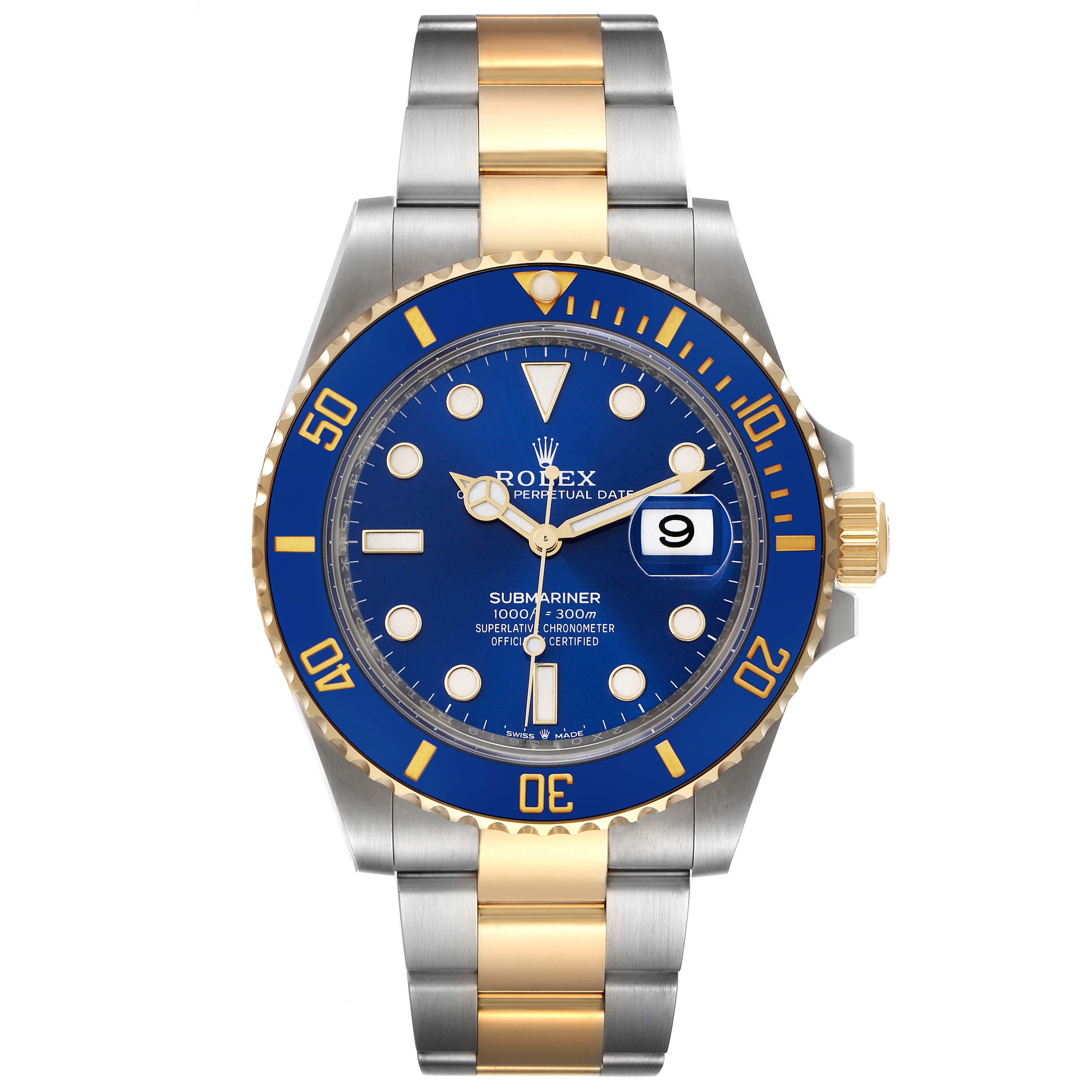 This image shows a front view of a Rolex Submariner 126613 Men's Steel and Gold (two tone) Blue Dial 126613 Men's Steel and Gold (two tone) Blue Dial watch featuring a blue dial and two-tone bracelet.