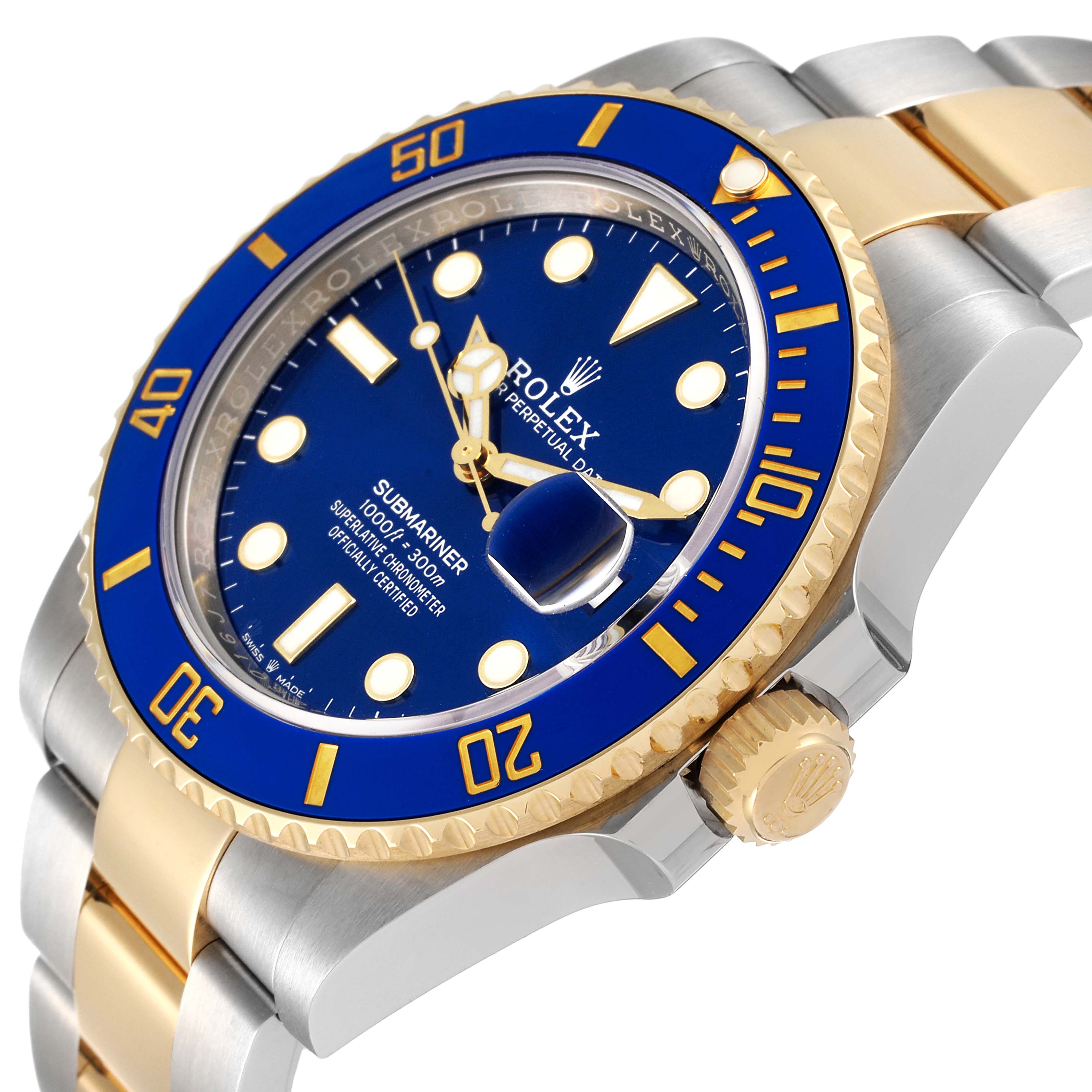 This image shows a side angle of the Rolex Submariner 126613 Men's Steel and Gold (two tone) Blue Dial 126613 Men's Steel and Gold (two tone) Blue Dial watch, highlighting its blue dial, yellow accents, and stainless steel bracelet.