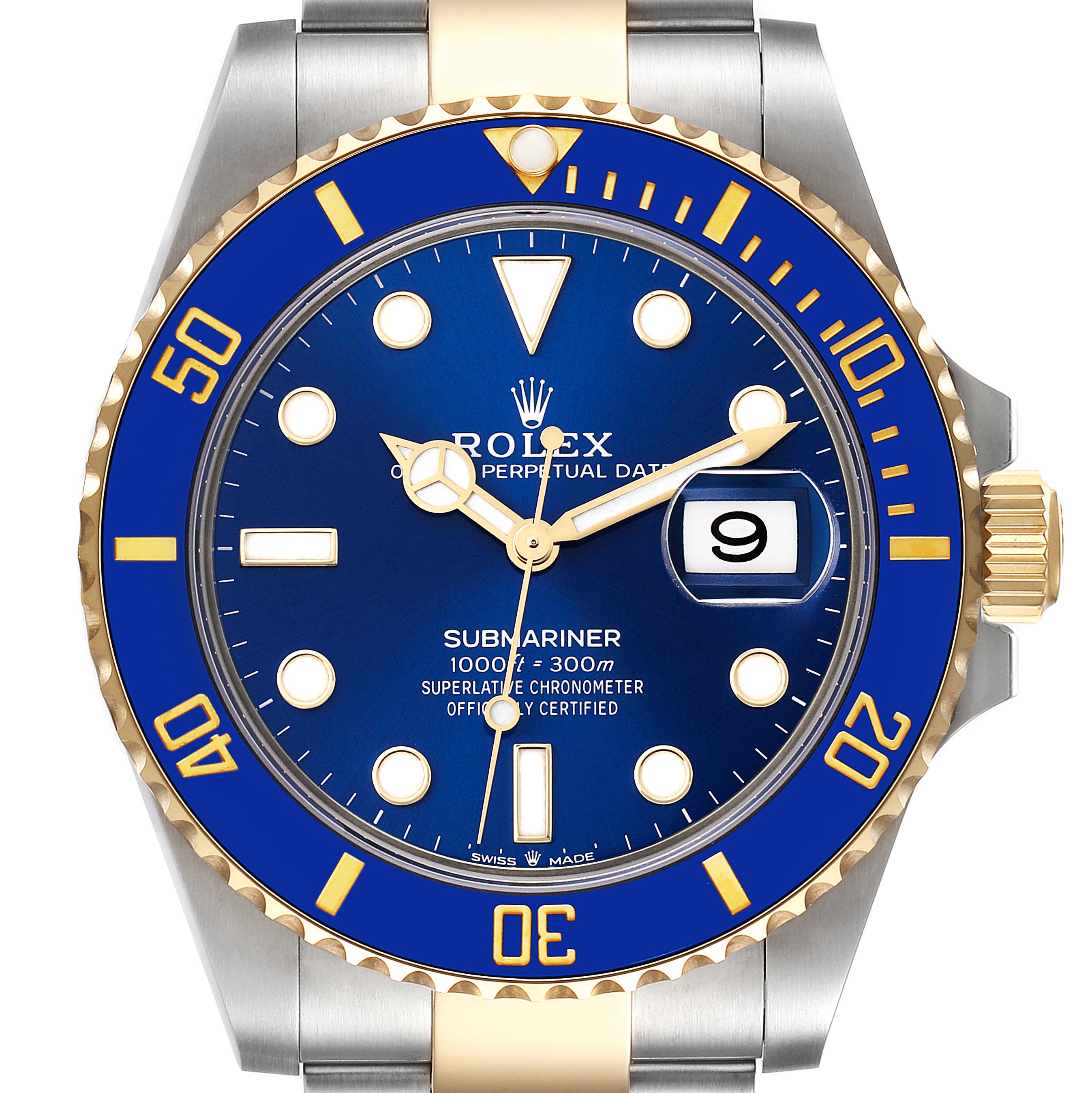 Close-up of the Rolex Submariner 126613 Men's Steel and Gold (two tone) Blue Dial 126613 Men's Steel and Gold (two tone) Blue Dial watch face, showing its blue dial and gold accents, including the date window at 3 o'clock.