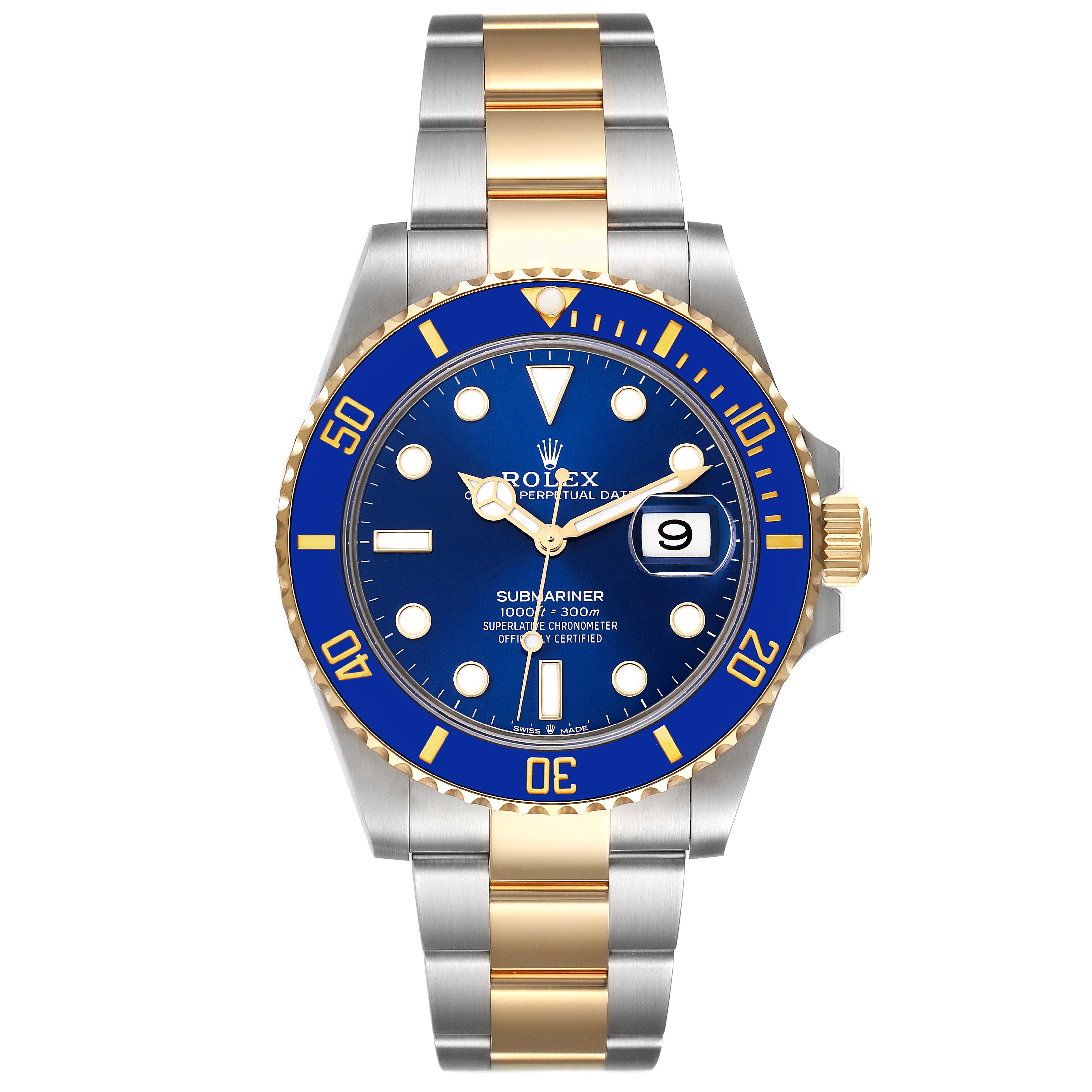 The image shows a frontal view of a Rolex Submariner 126613 Men's Steel and Gold (two tone) Blue Dial 126613 Men's Steel and Gold (two tone) Blue Dial watch with a blue dial, blue bezel, and two-tone gold and stainless steel bracelet.