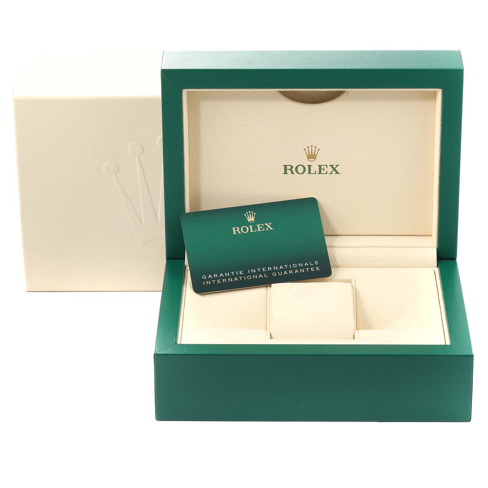 This image shows the box, guarantee card, and interior cushion of a Rolex Submariner 126613 Men's Steel and Gold (two tone) Blue Dial 126613 Men's Steel and Gold (two tone) Blue Dial watch set.