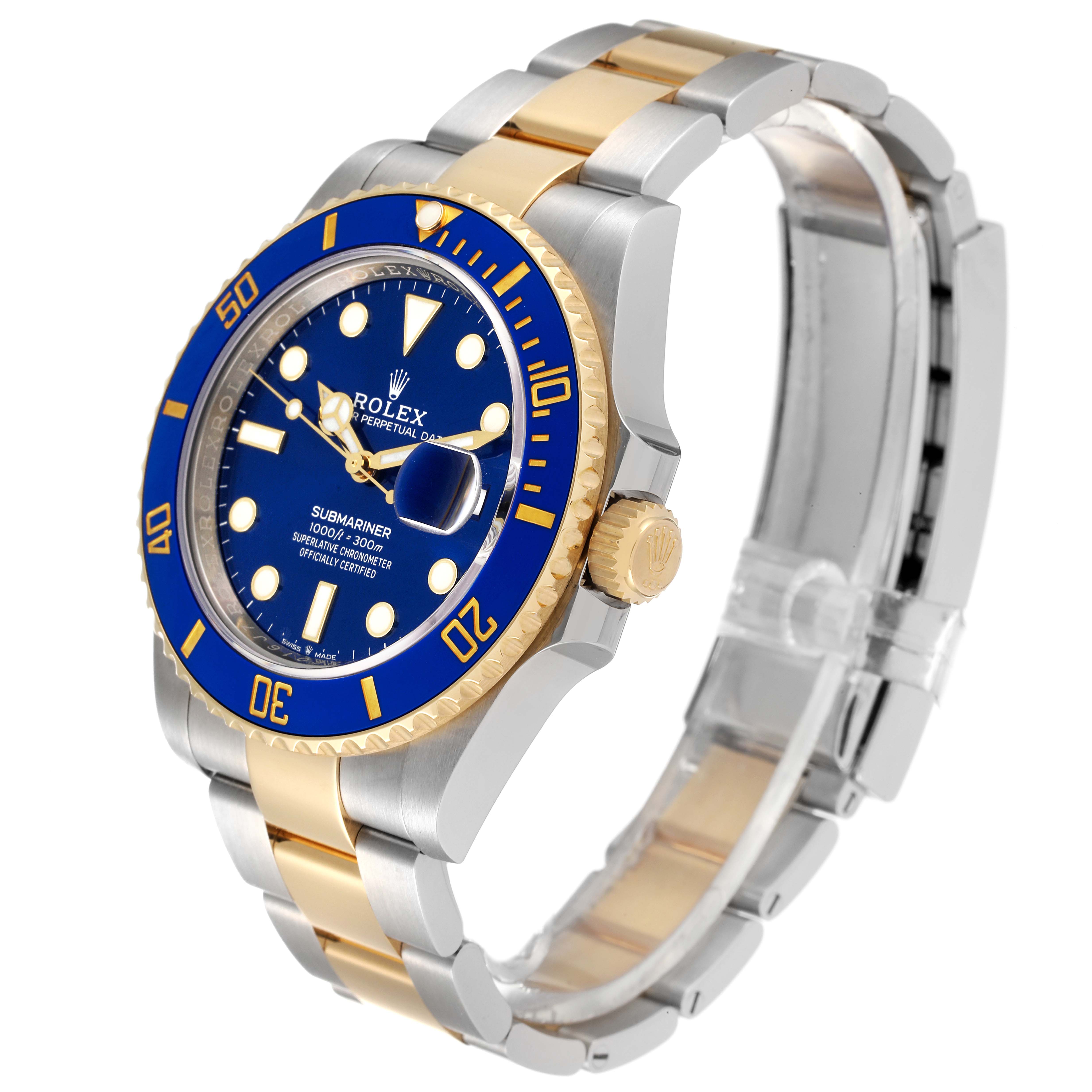 The image shows a Rolex Submariner 126613 Men's Steel and Gold (two tone) Blue Dial 126613 Men's Steel and Gold (two tone) Blue Dial watch photographed from an angled front view, highlighting its blue bezel and two-tone band.