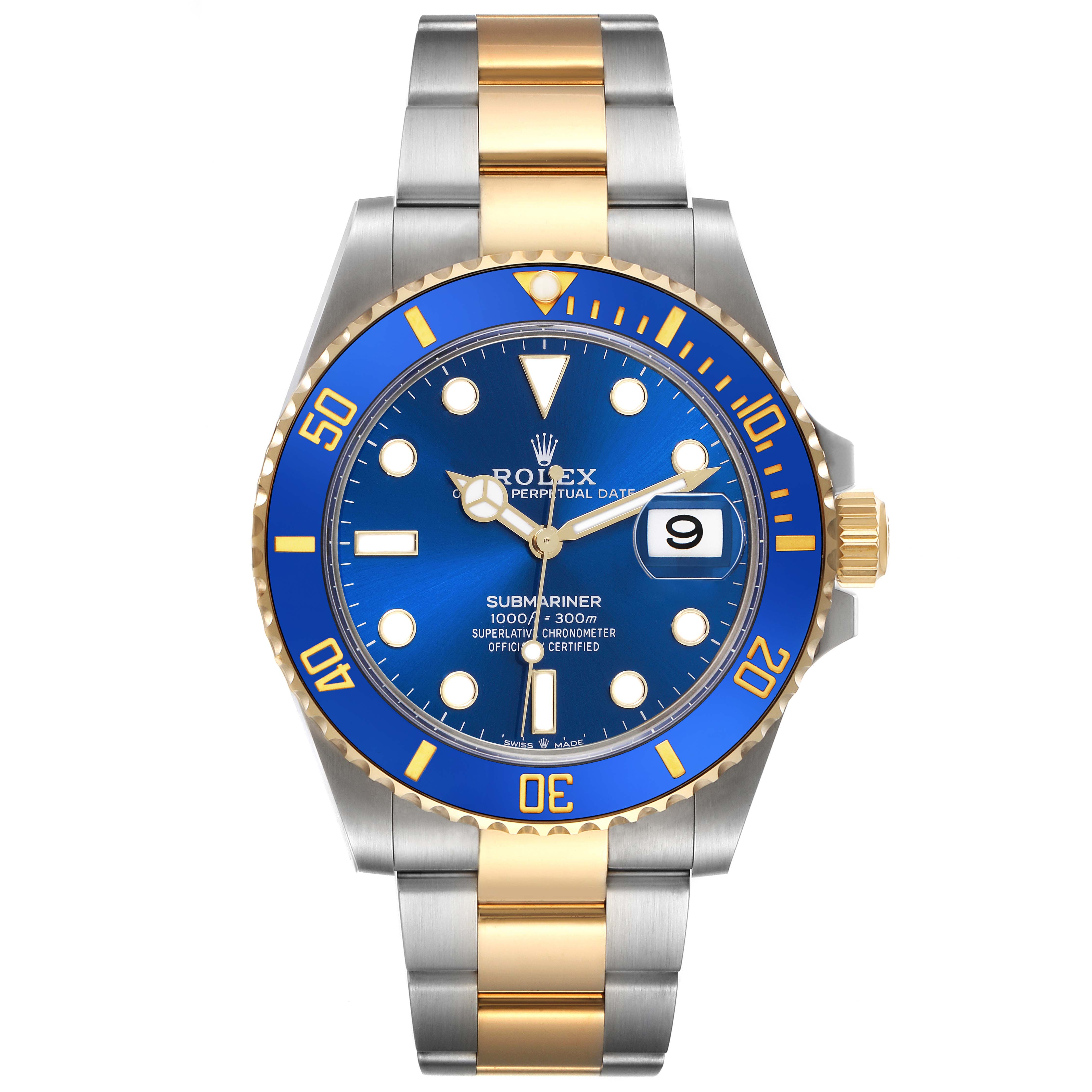 The Rolex Submariner 126613 Men's Steel and Gold (two tone) Blue Dial 126613 Men's Steel and Gold (two tone) Blue Dial watch is shown from the front, displaying the face, bezel, and bracelet in a steel and gold finish.