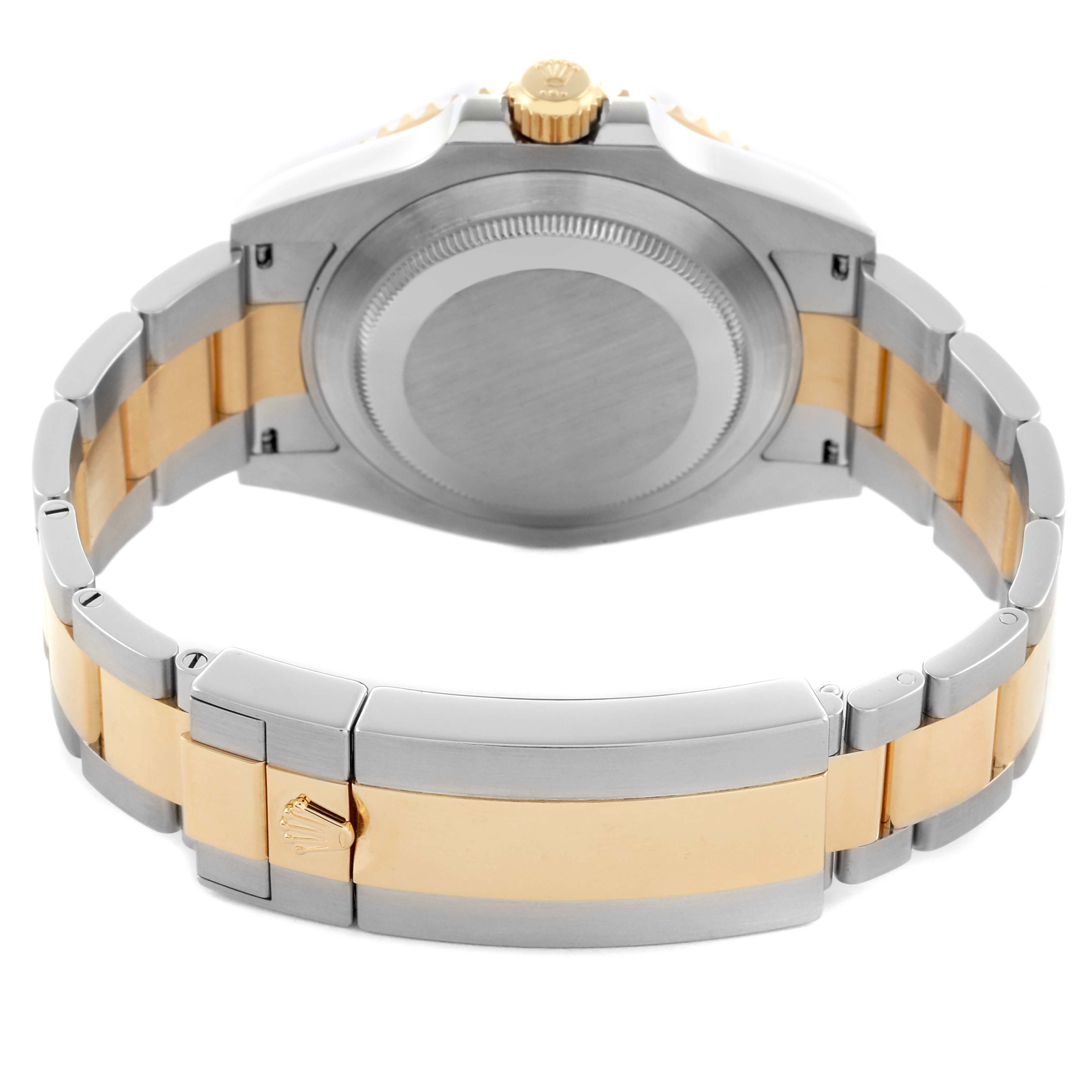 The image shows the back view of a Rolex Submariner 126613 Men's Steel and Gold (two tone) Blue Dial 126613 Men's Steel and Gold (two tone) Blue Dial watch, focusing on the case back and two-tone bracelet with clasp.