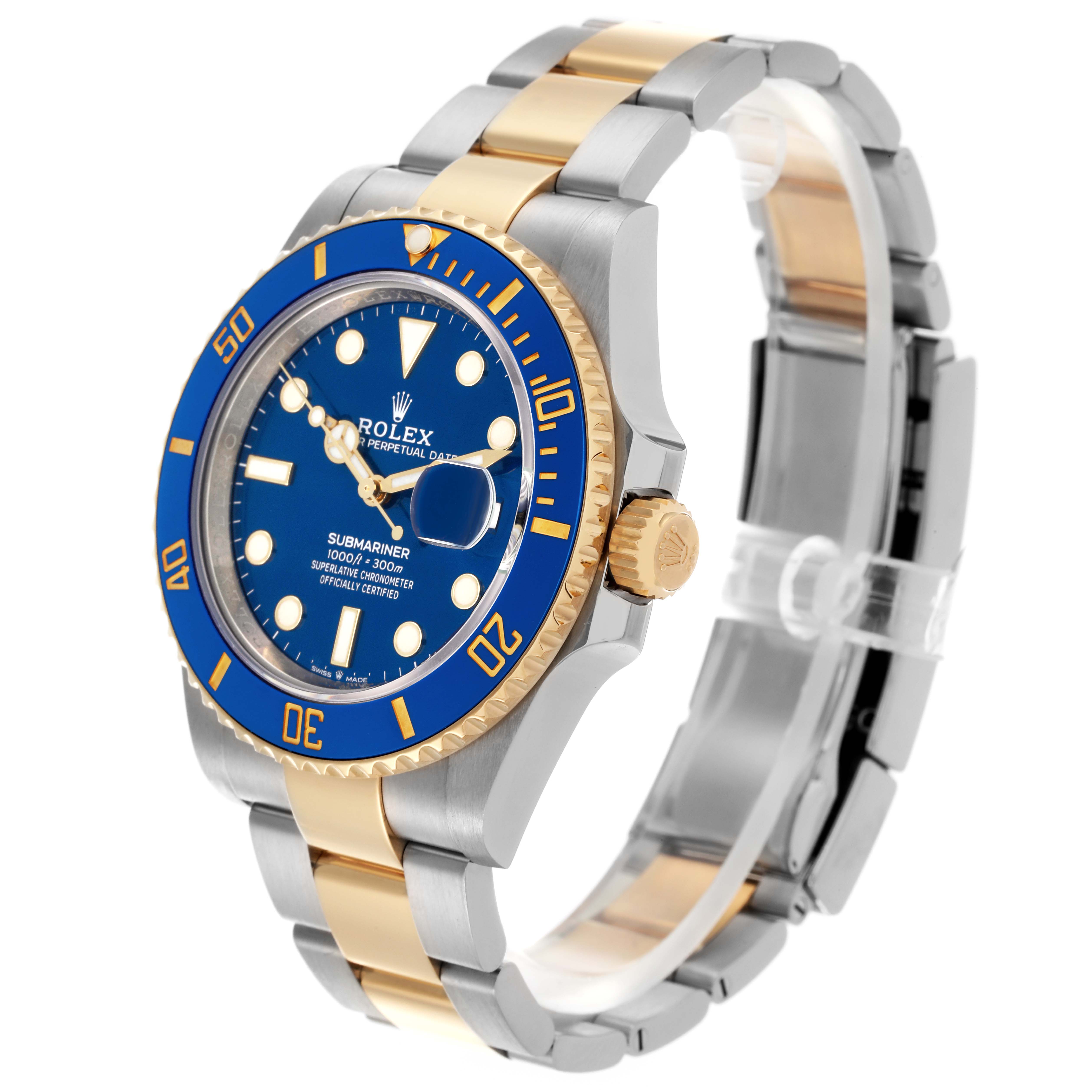 The Rolex Submariner 126613 Men's Steel and Gold (two tone) Blue Dial 126613 Men's Steel and Gold (two tone) Blue Dial watch is shown at a three-quarter angle, highlighting the blue bezel, dial, crown, and two-tone bracelet.