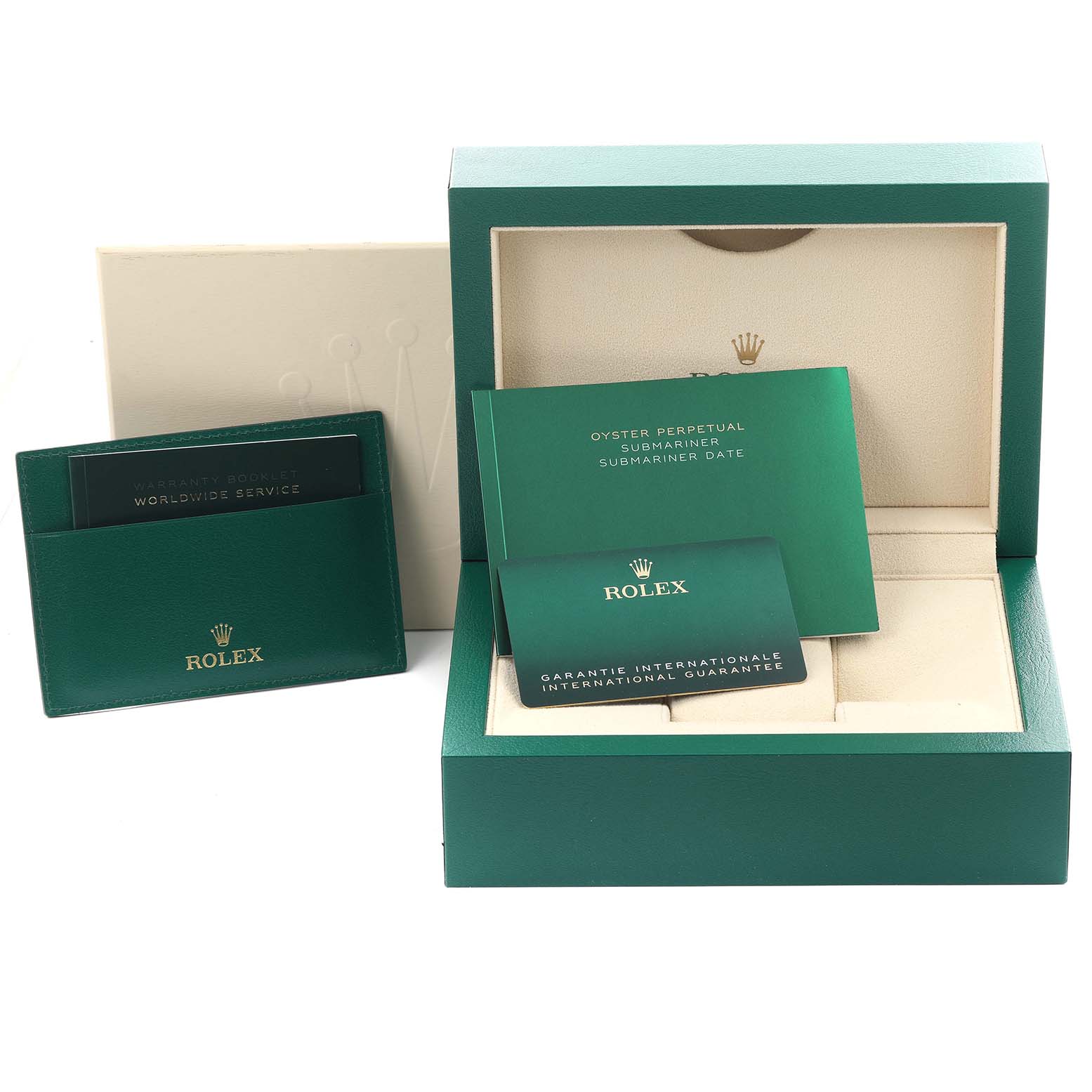 The image shows Rolex Submariner 126613 Men's Steel and Gold (two tone) Blue Dial 126613 Men's Steel and Gold (two tone) Blue Dial watch accessories including a box, guarantee card, and service booklet.