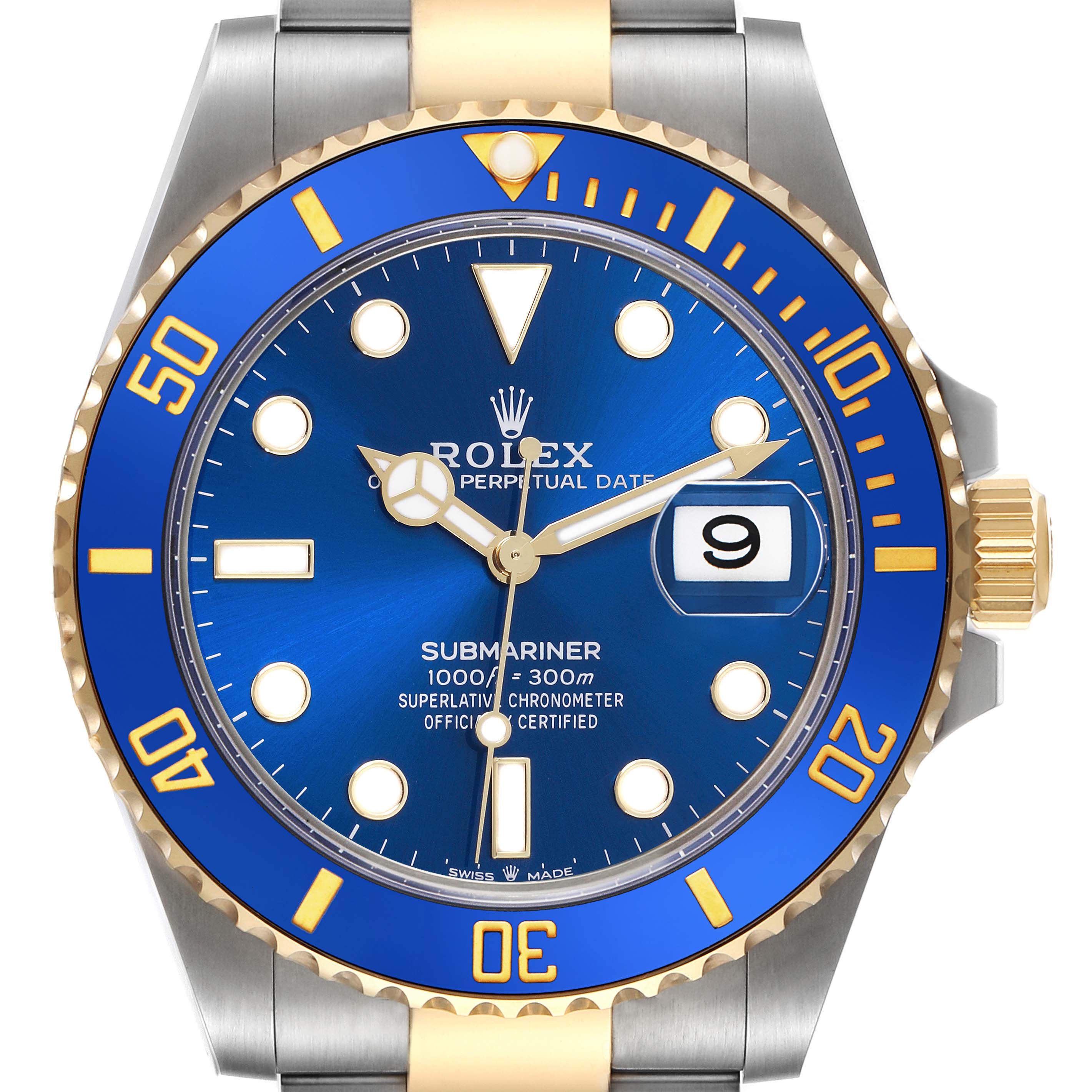 The image shows a frontal view of a Rolex Submariner 126613 Men's Steel and Gold (two tone) Blue Dial 126613 Men's Steel and Gold (two tone) Blue Dial watch, highlighting the dial, bezel, and part of the bracelet.