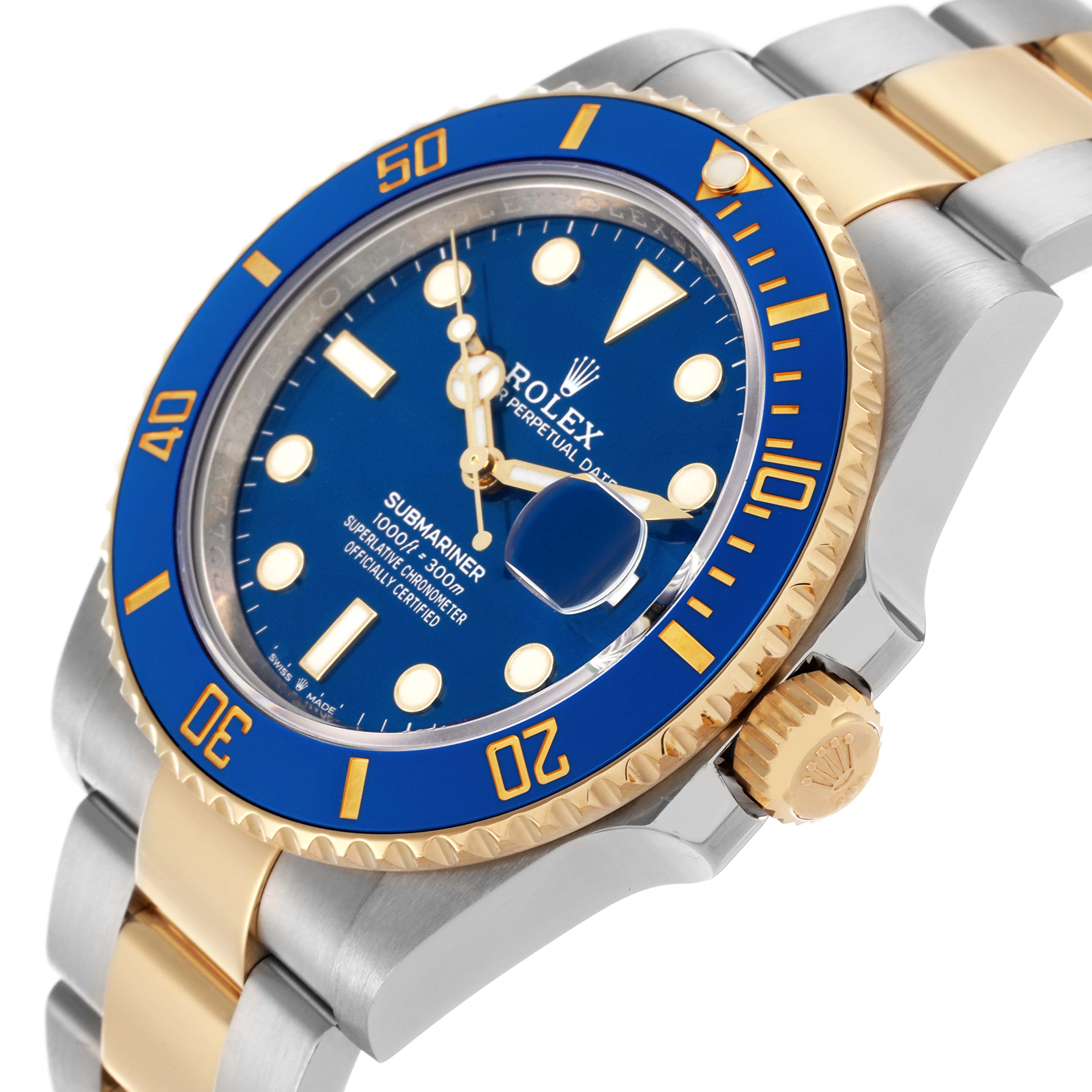 The Rolex Submariner 126613 Men's Steel and Gold (two tone) Blue Dial 126613 Men's Steel and Gold (two tone) Blue Dial is shown at an angled view highlighting the blue bezel, dial, crown, and two-tone bracelet.