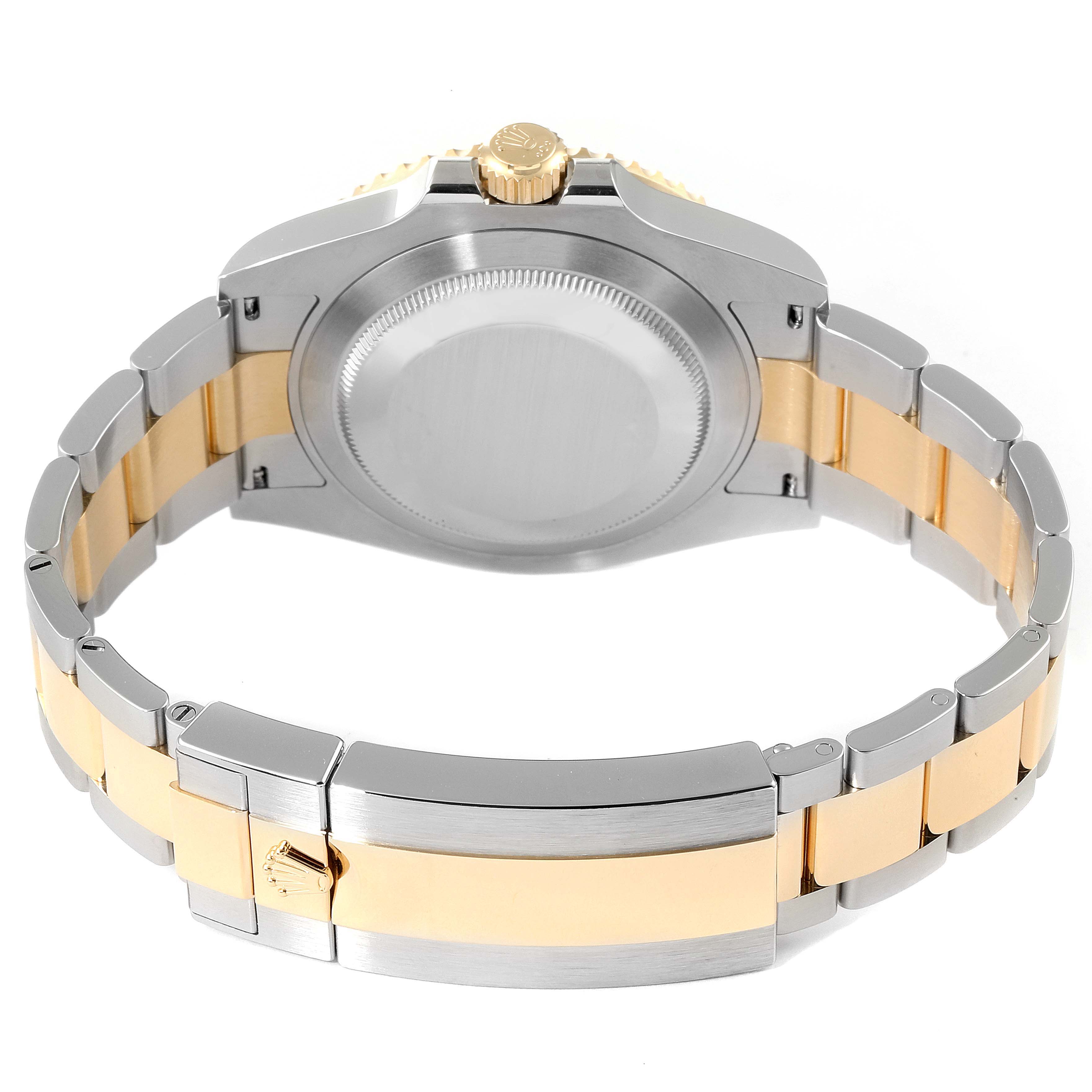 The image shows the back case, crown, and bracelet of a Rolex Submariner 126613LB Men's Steel and Gold (two tone) Blue Dial 126613LB Men's Steel and Gold (two tone) Blue Dial watch, highlighting its two-tone metal construction.