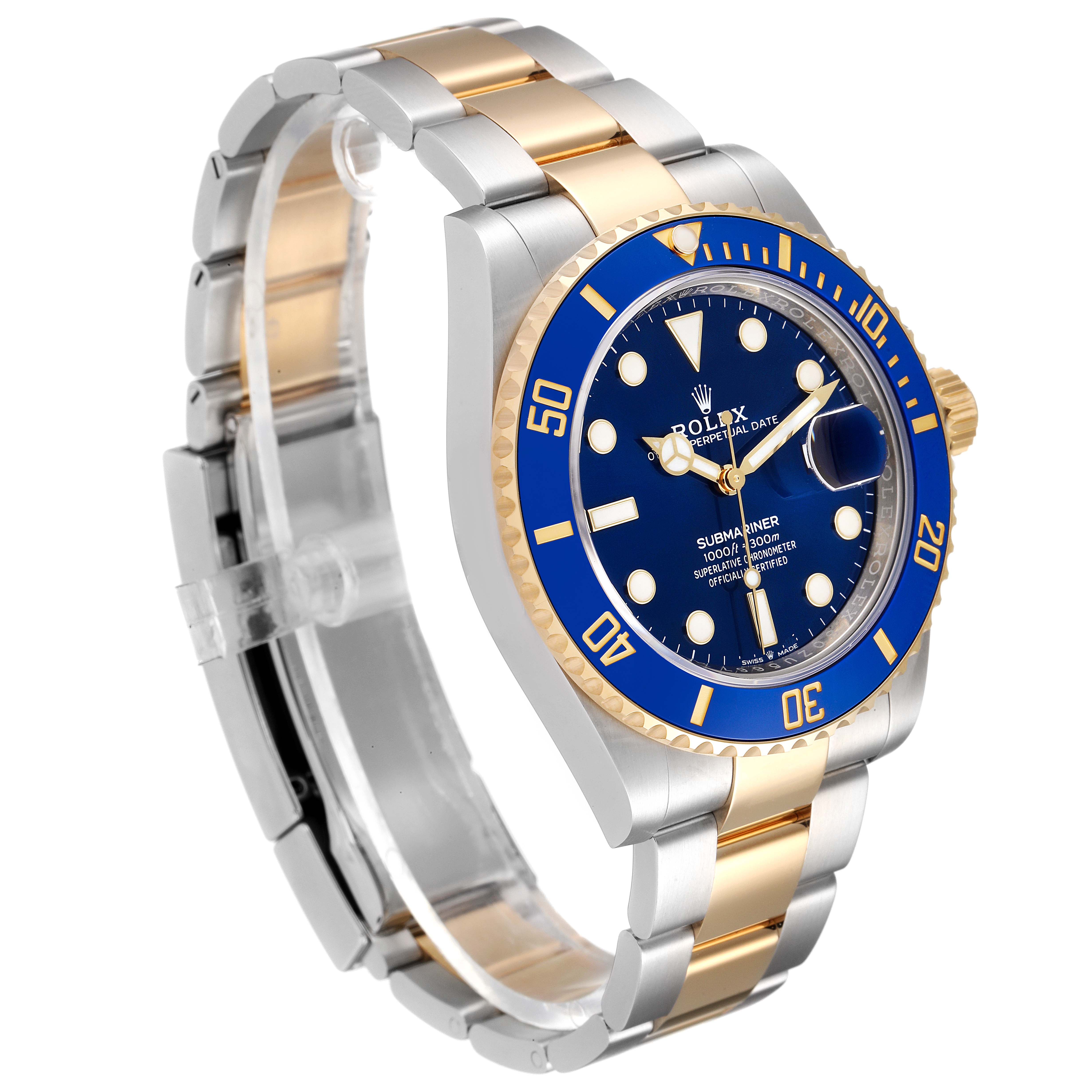 The image shows a side angle of a Rolex Submariner 126613LB Men's Steel and Gold (two tone) Blue Dial 126613LB Men's Steel and Gold (two tone) Blue Dial watch, highlighting its blue dial, bezel, and two-tone bracelet.