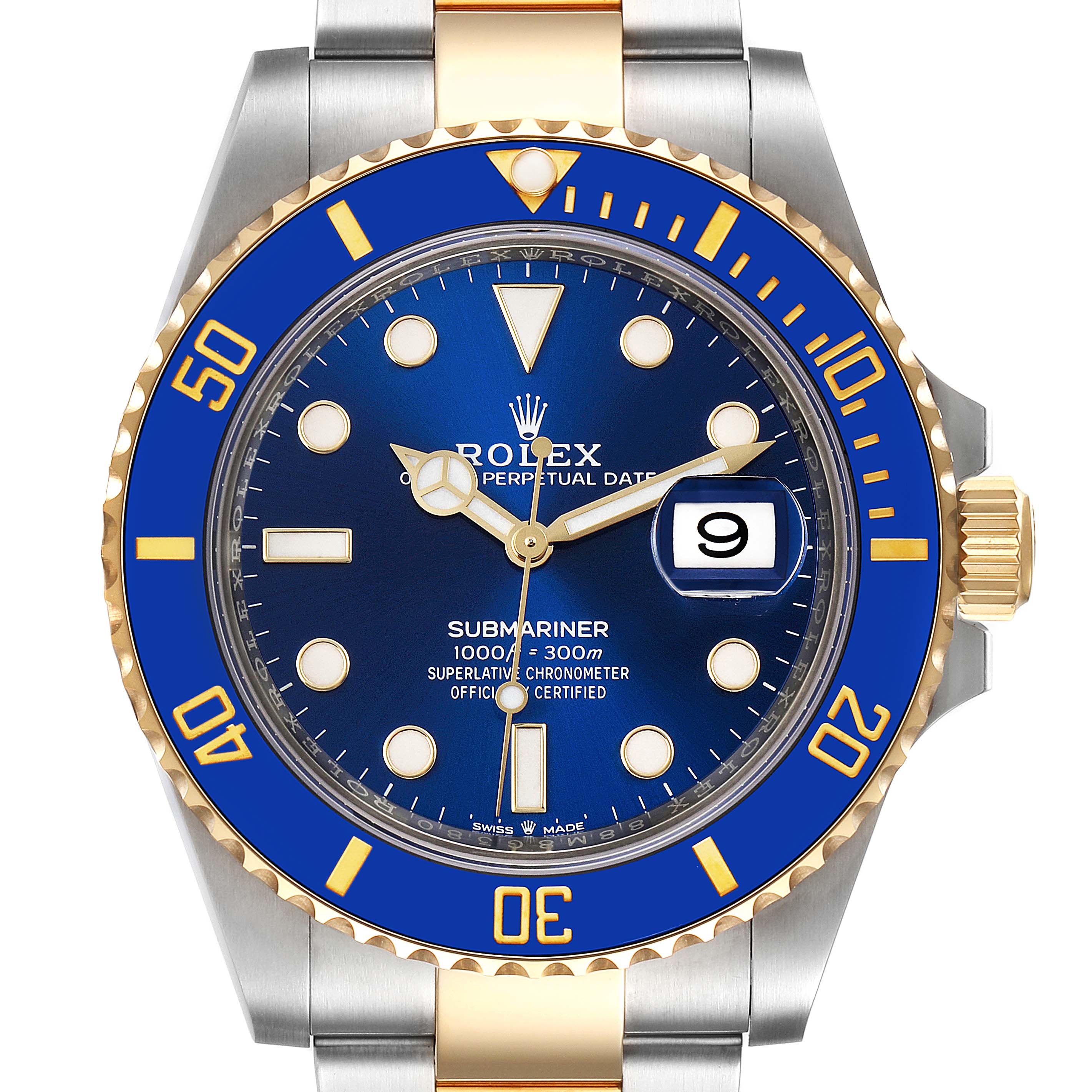 This image shows a Rolex Submariner 126613LB Men's Steel and Gold (two tone) Blue Dial 126613LB Men's Steel and Gold (two tone) Blue Dial watch from a front angle, highlighting its blue dial, date window, and two-tone bracelet.